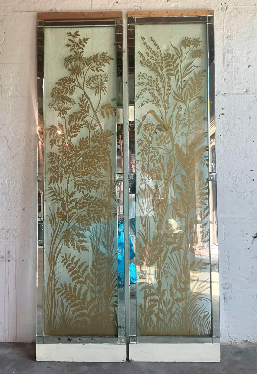 Vintage Regency Original Mizner Floral Glass Architectural Panels - A Pair - Top view
