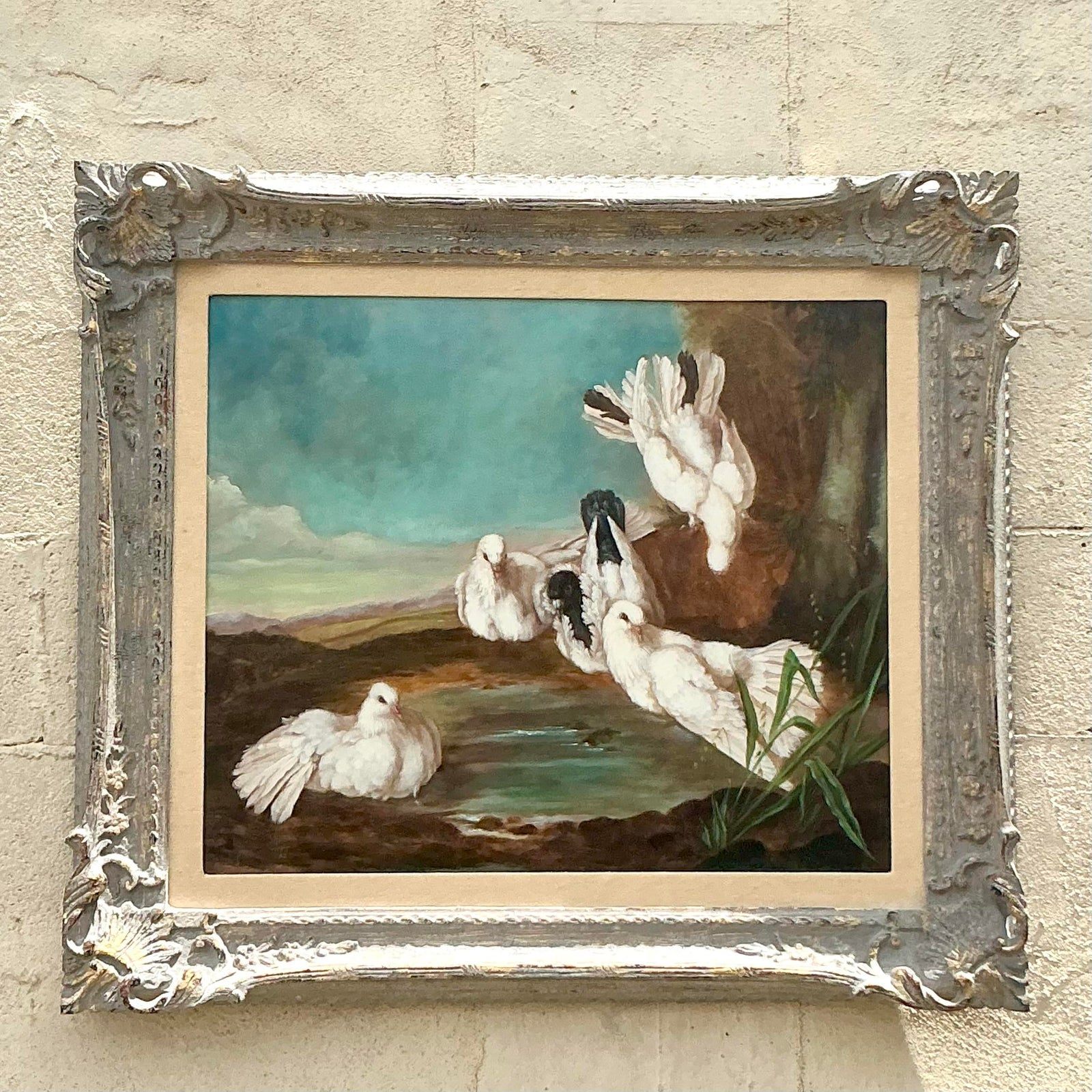 Vintage Regency Original Oil Painting of Doves - Back view