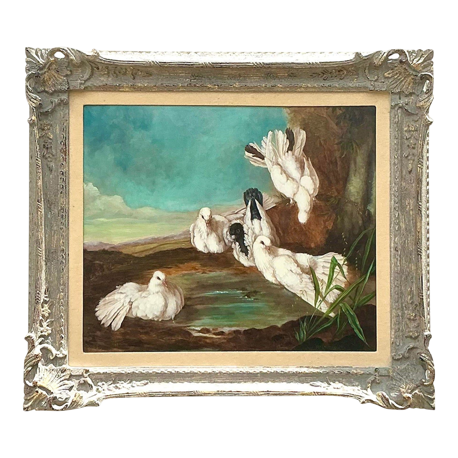 Vintage Regency Original Oil Painting of Doves