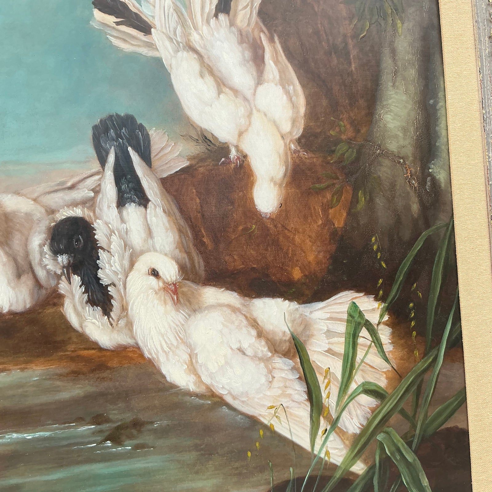 Vintage Regency Original Oil Painting of Doves - Detail view