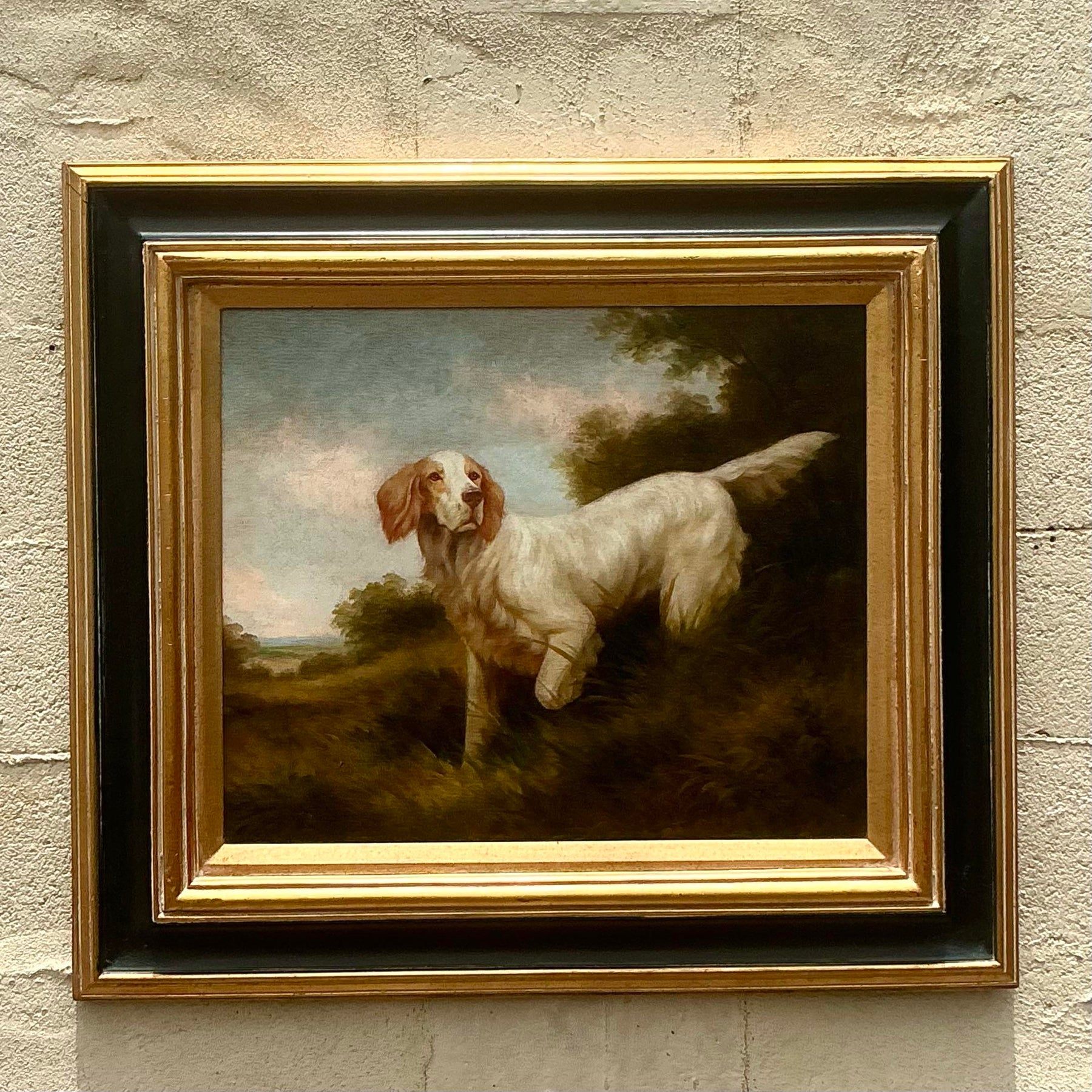 Vintage Regency Original Oil Painting of Spaniel on Canvas - Detail view