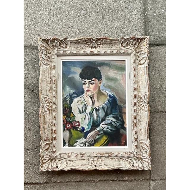 Vintage Regency Original Oil Portrait on Canvas - Top view