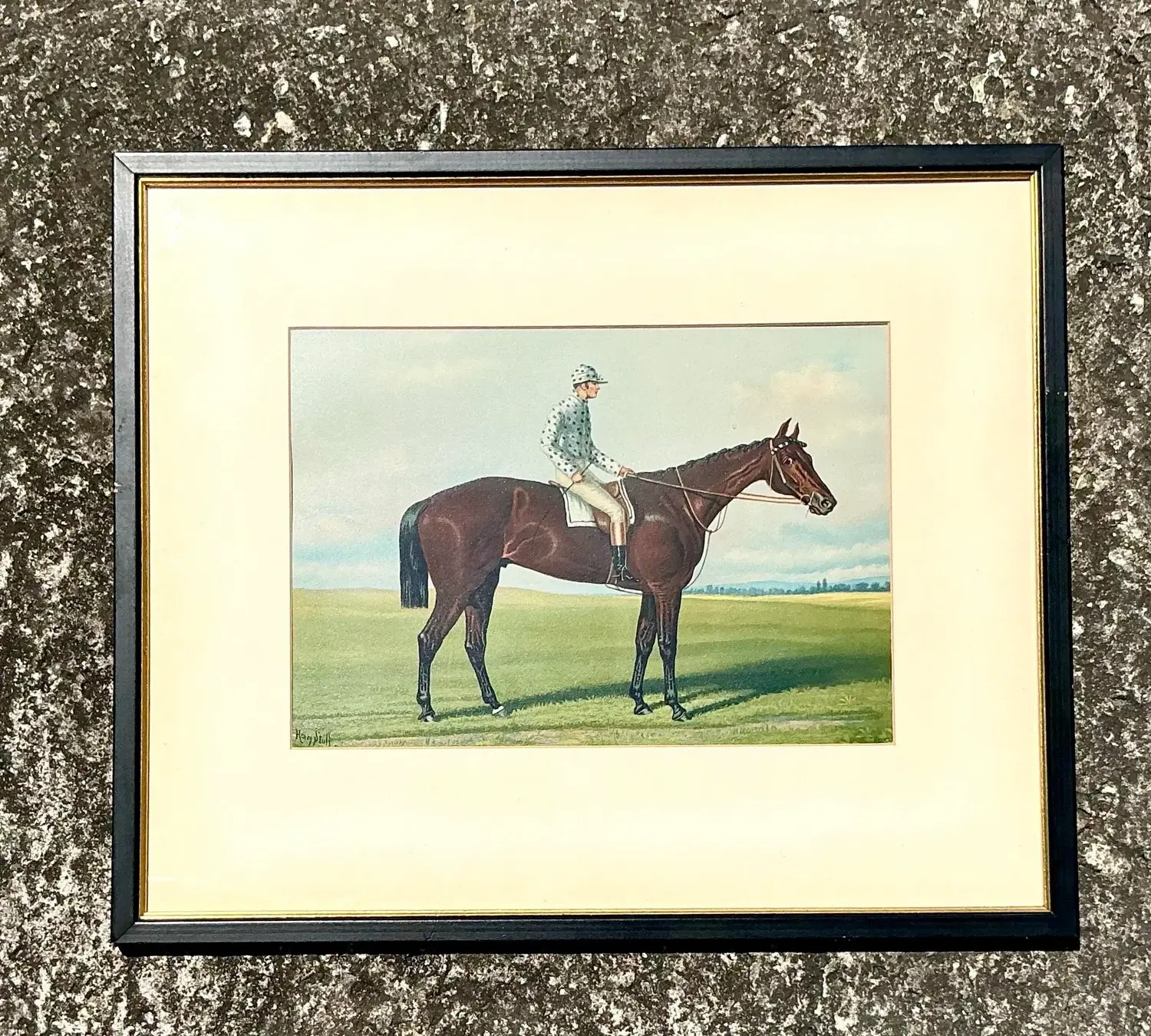 Vintage Regency Original Painting on Board of Horses and Jockey - Side view