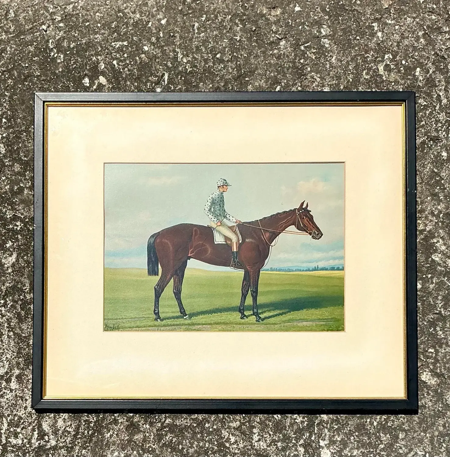 Vintage Regency Original Painting on Board of Horses and Jockey - Top view