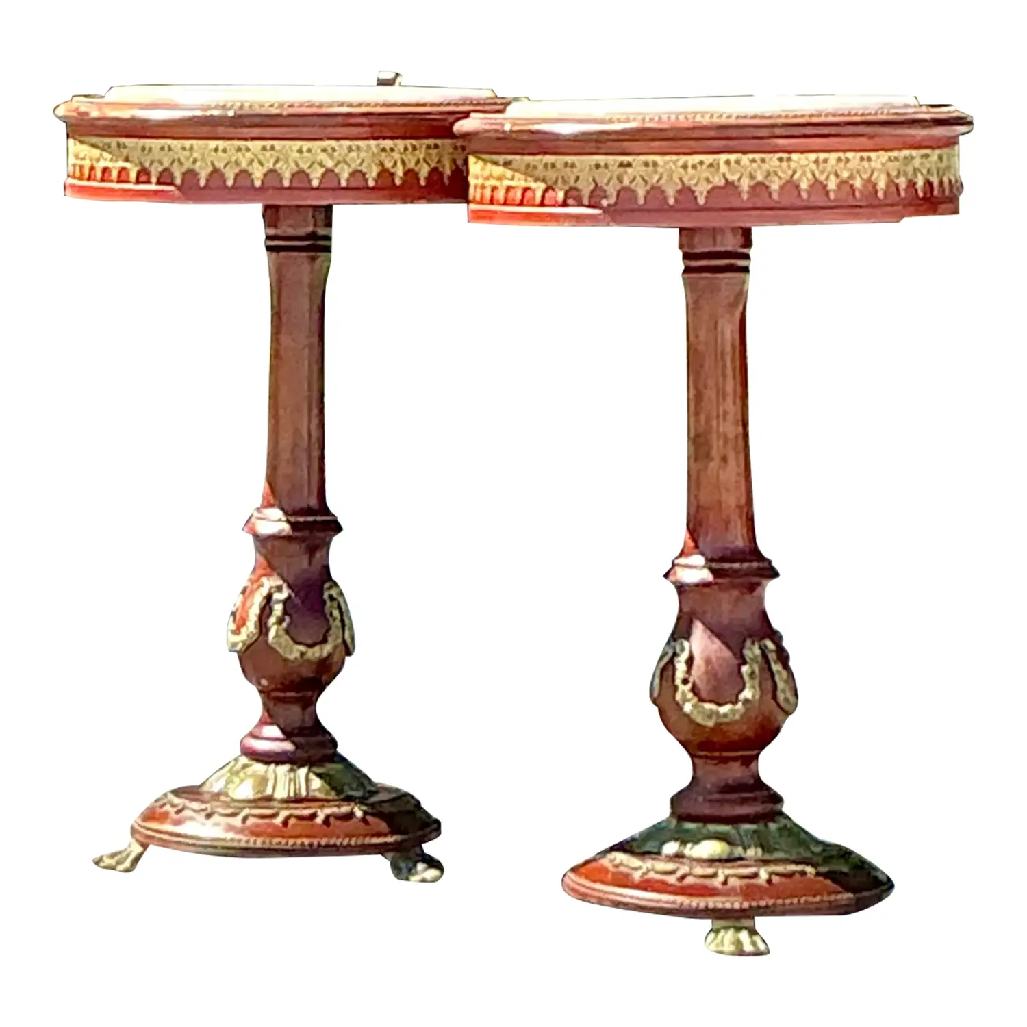 Vintage Regency Ormolu Pedestal Table With Inset Marble - Set of 2
