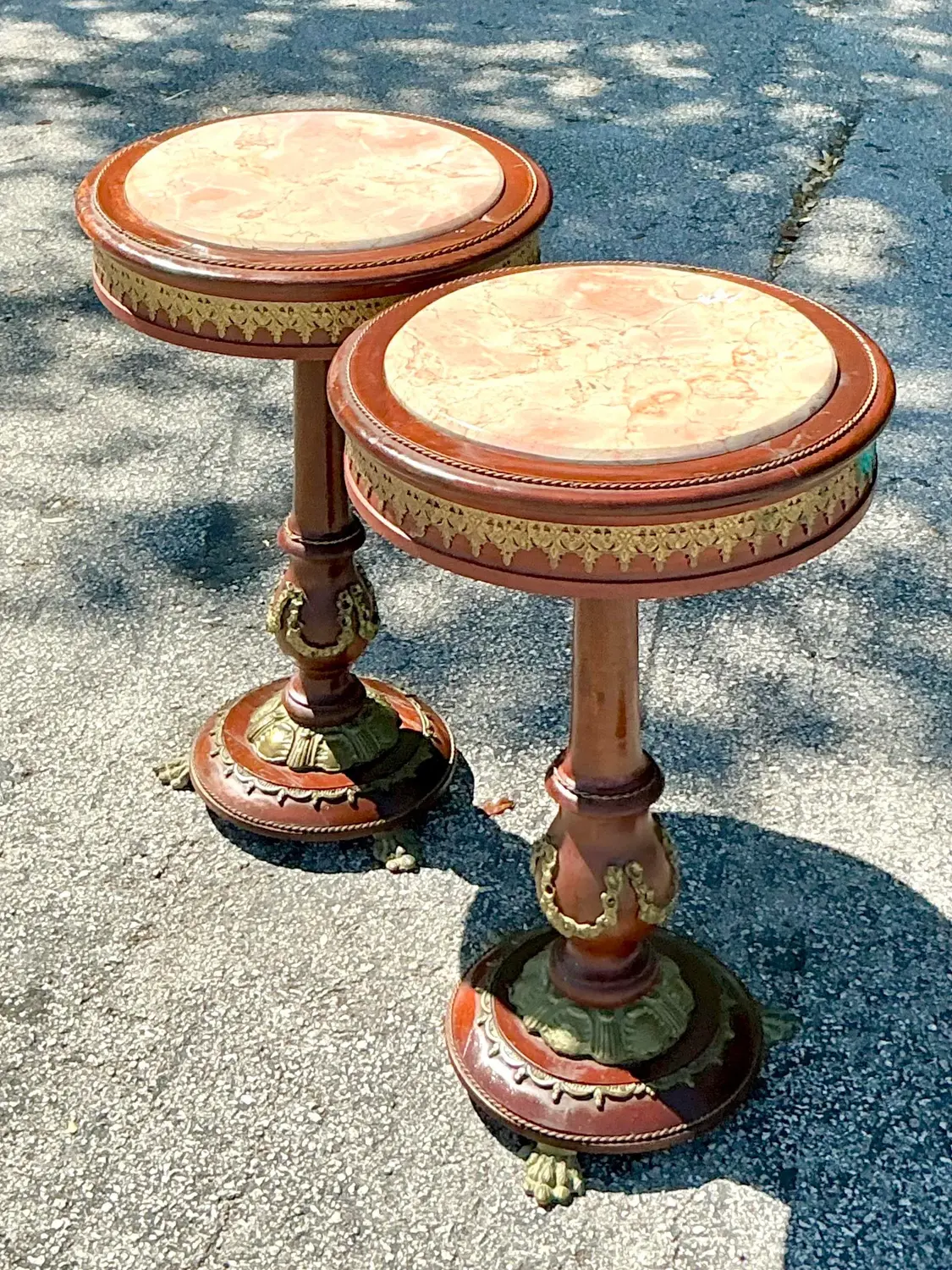 Vintage Regency Ormolu Pedestal Table With Inset Marble - Set of 2 - Top view