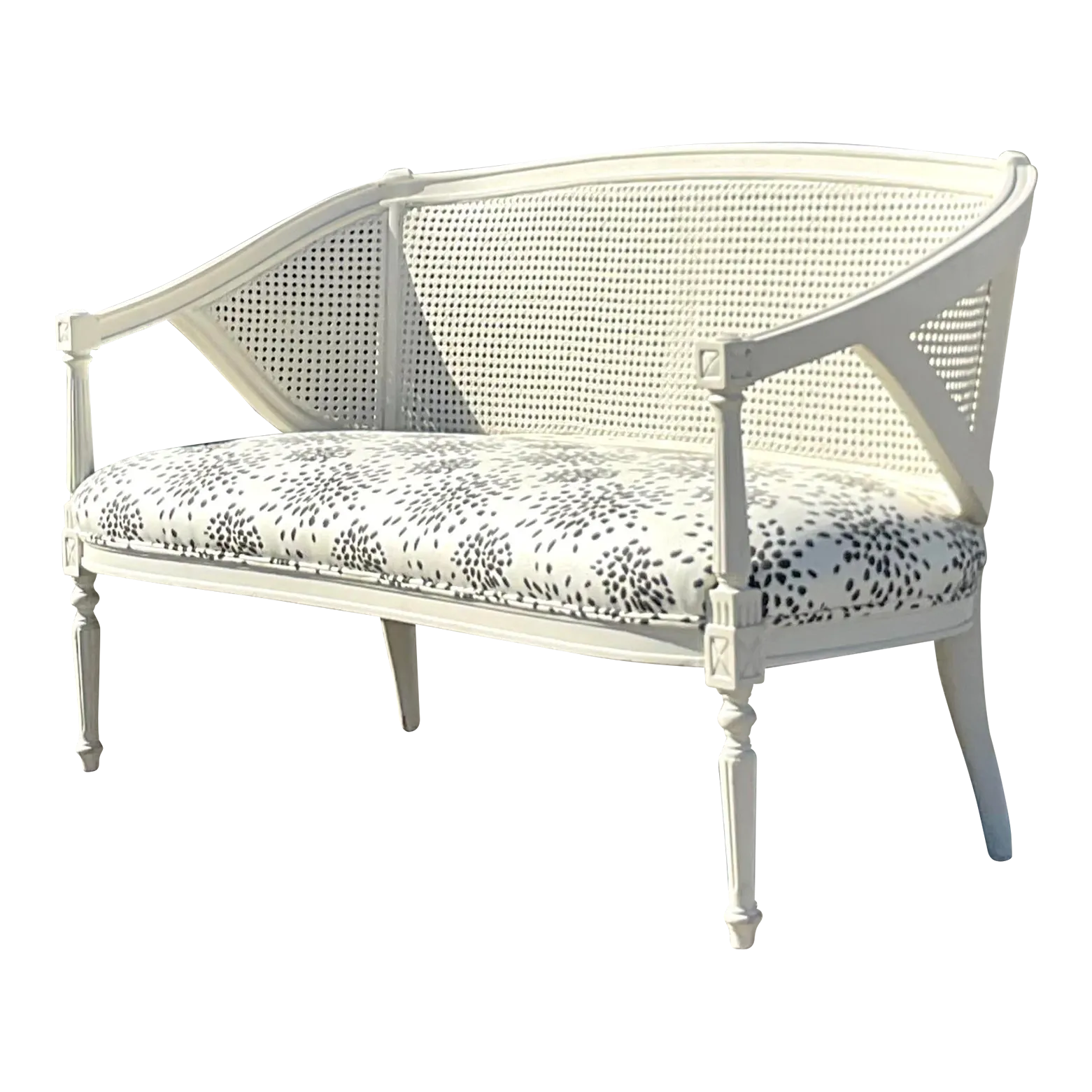 Vintage Regency Painted Cane Settee With Albert Hadley’s “Fireworks”