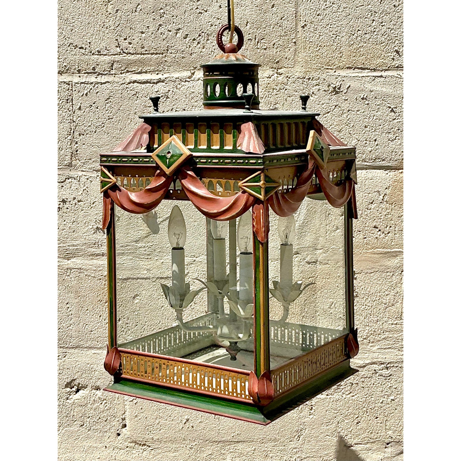 Vintage Regency Painted Swag Lantern - Side view