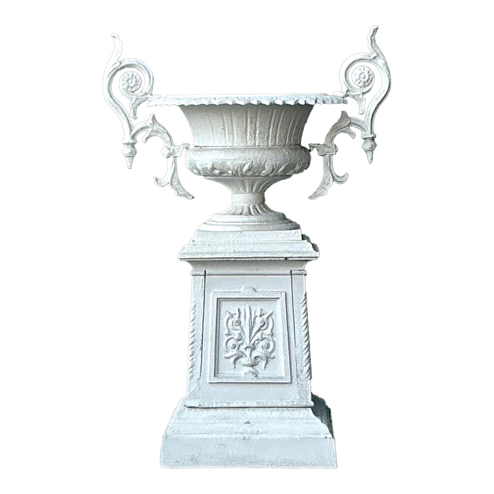Vintage Regency Painted Wrought Iron Urn on Pedestal
