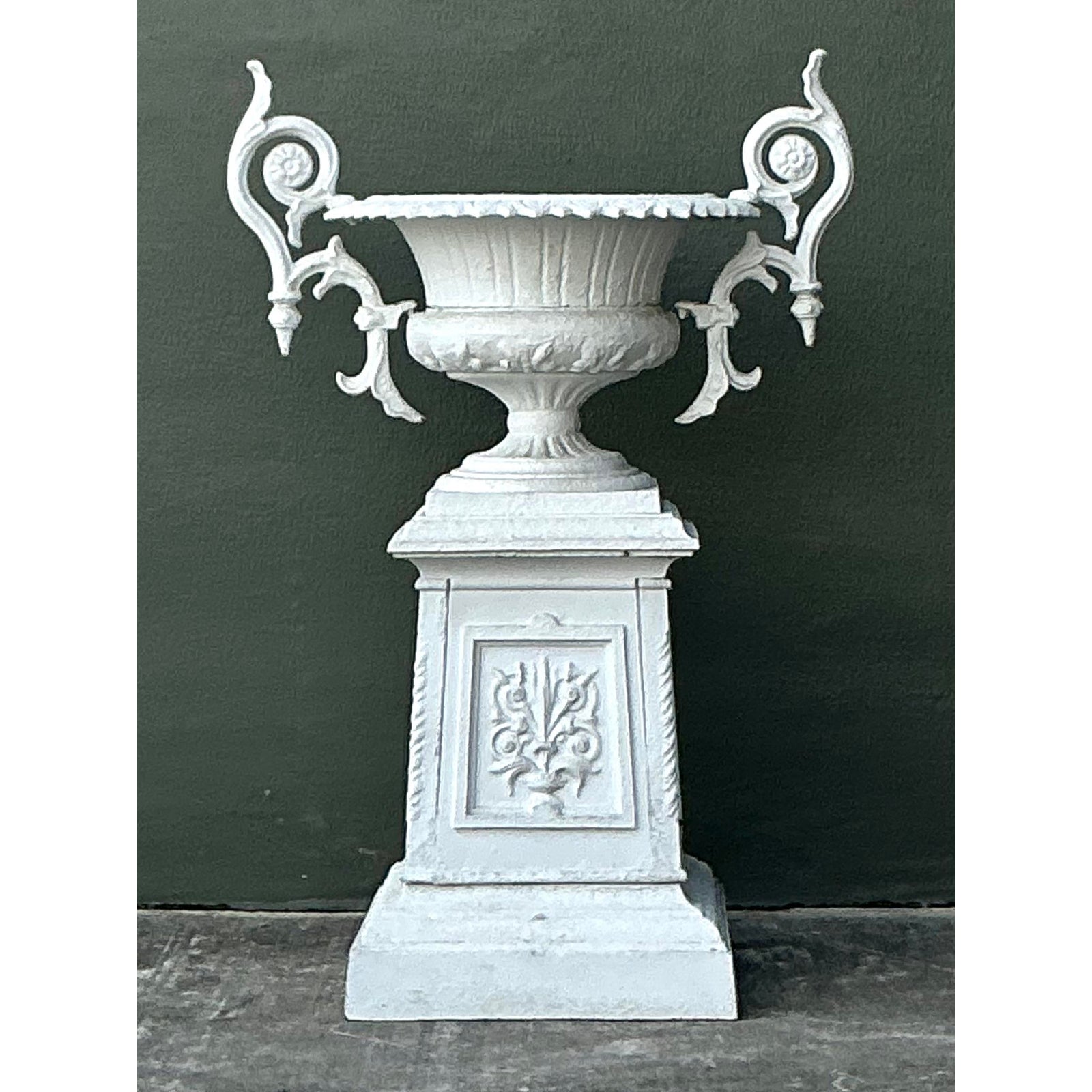Vintage Regency Painted Wrought Iron Urn on Pedestal - Side view