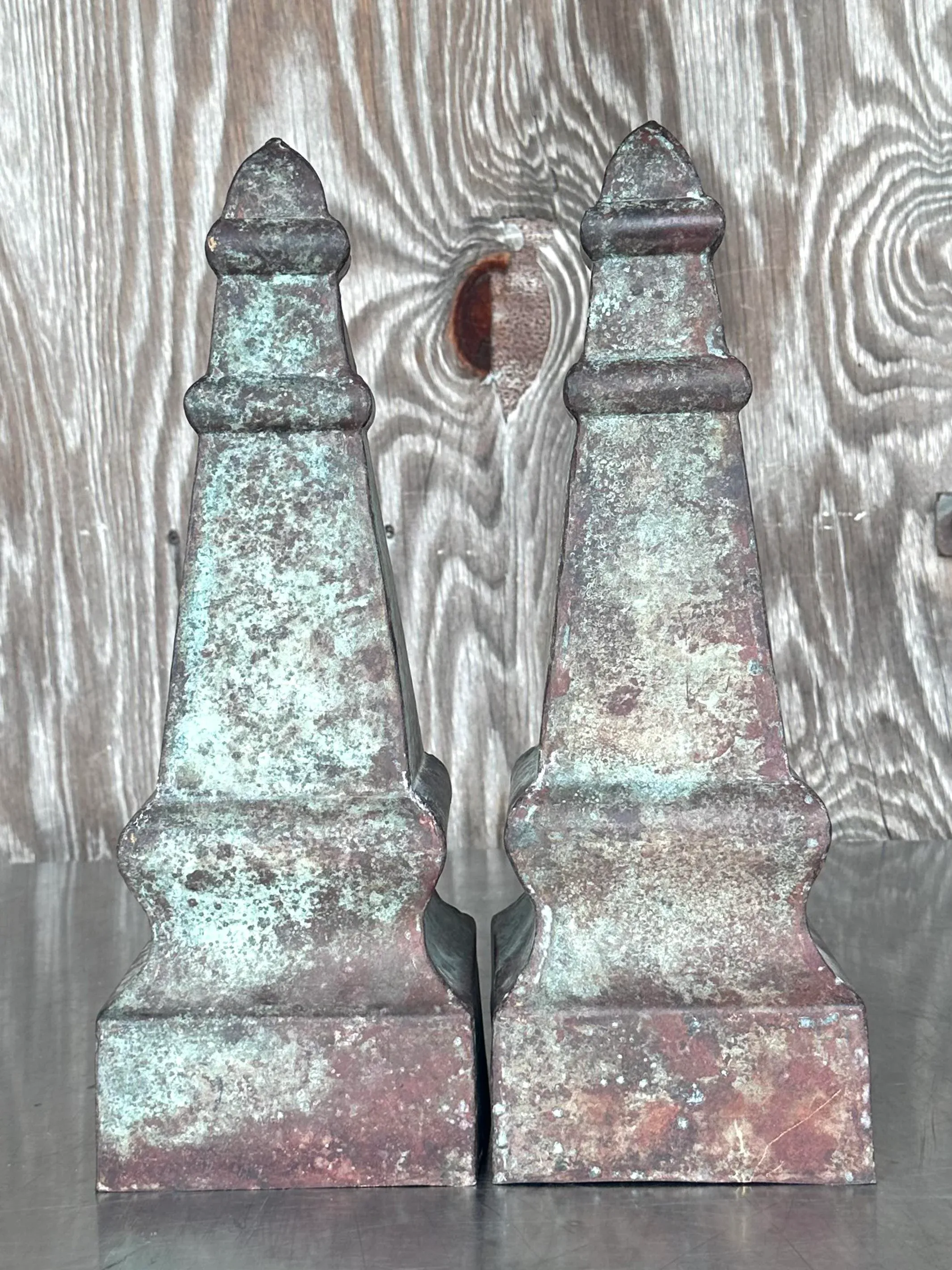 Vintage Regency Patinated Metal Obelisks - a Pair - Detail view