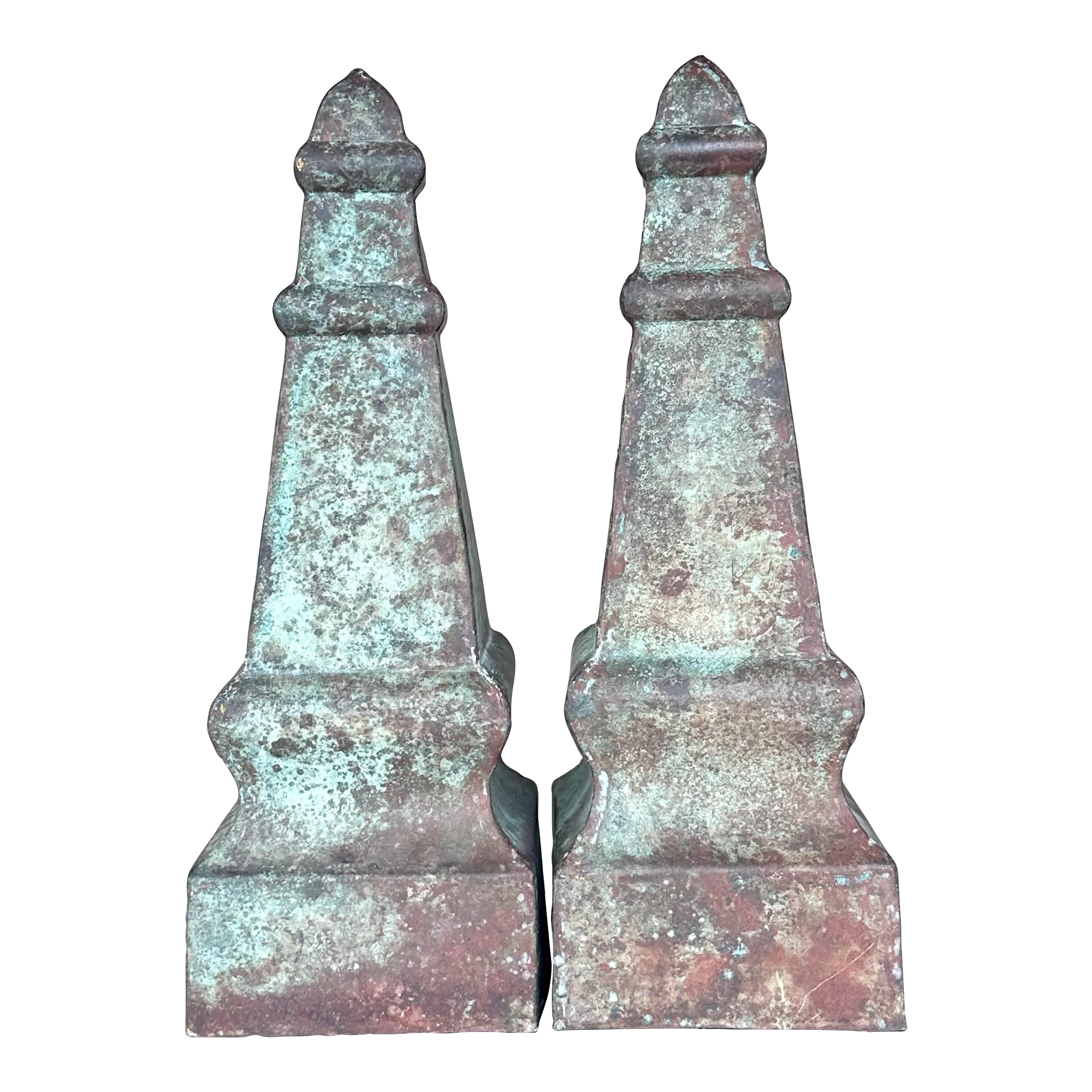 Vintage Regency Patinated Metal Obelisks - a Pair