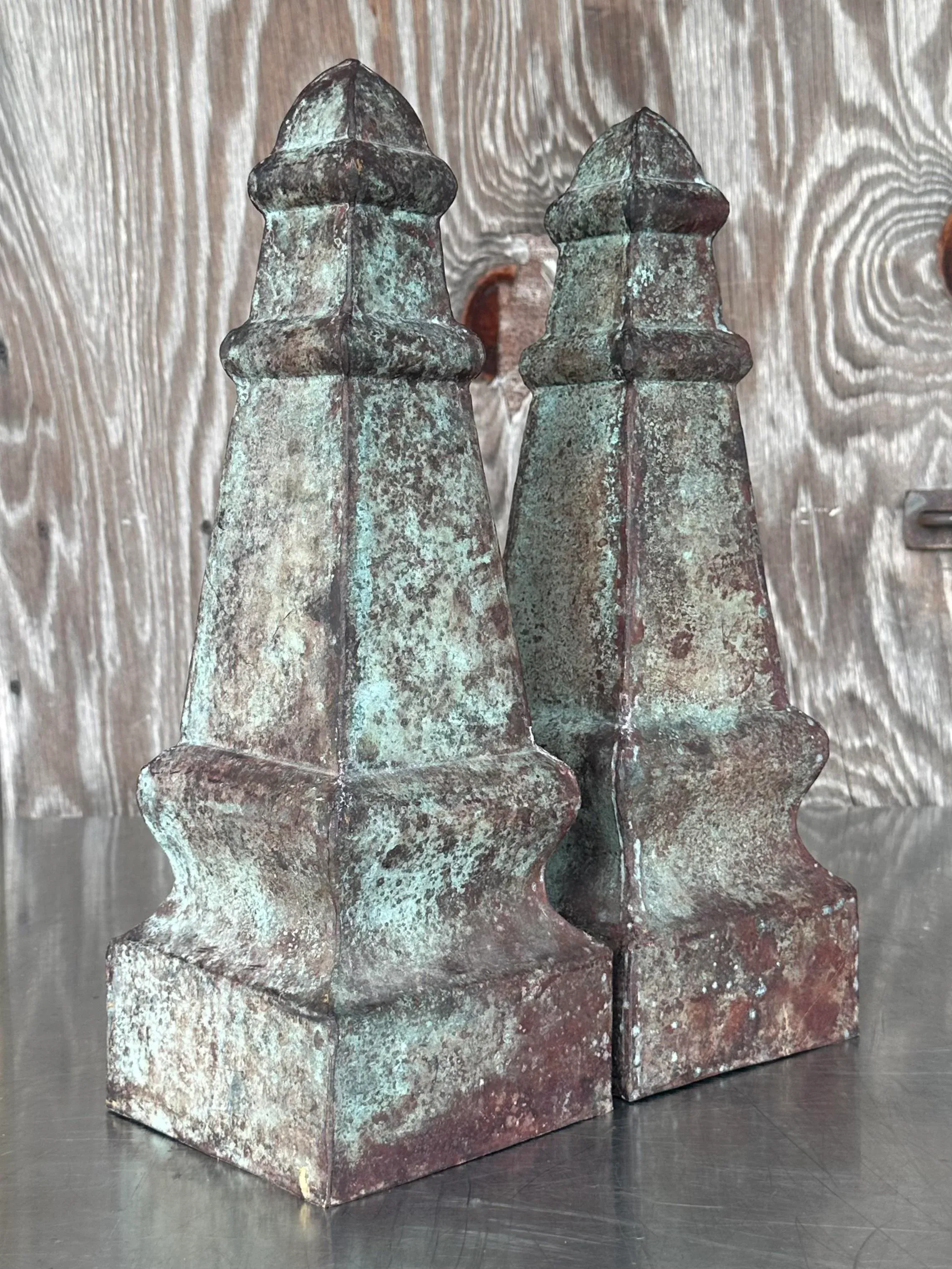 Vintage Regency Patinated Metal Obelisks - a Pair - Back view