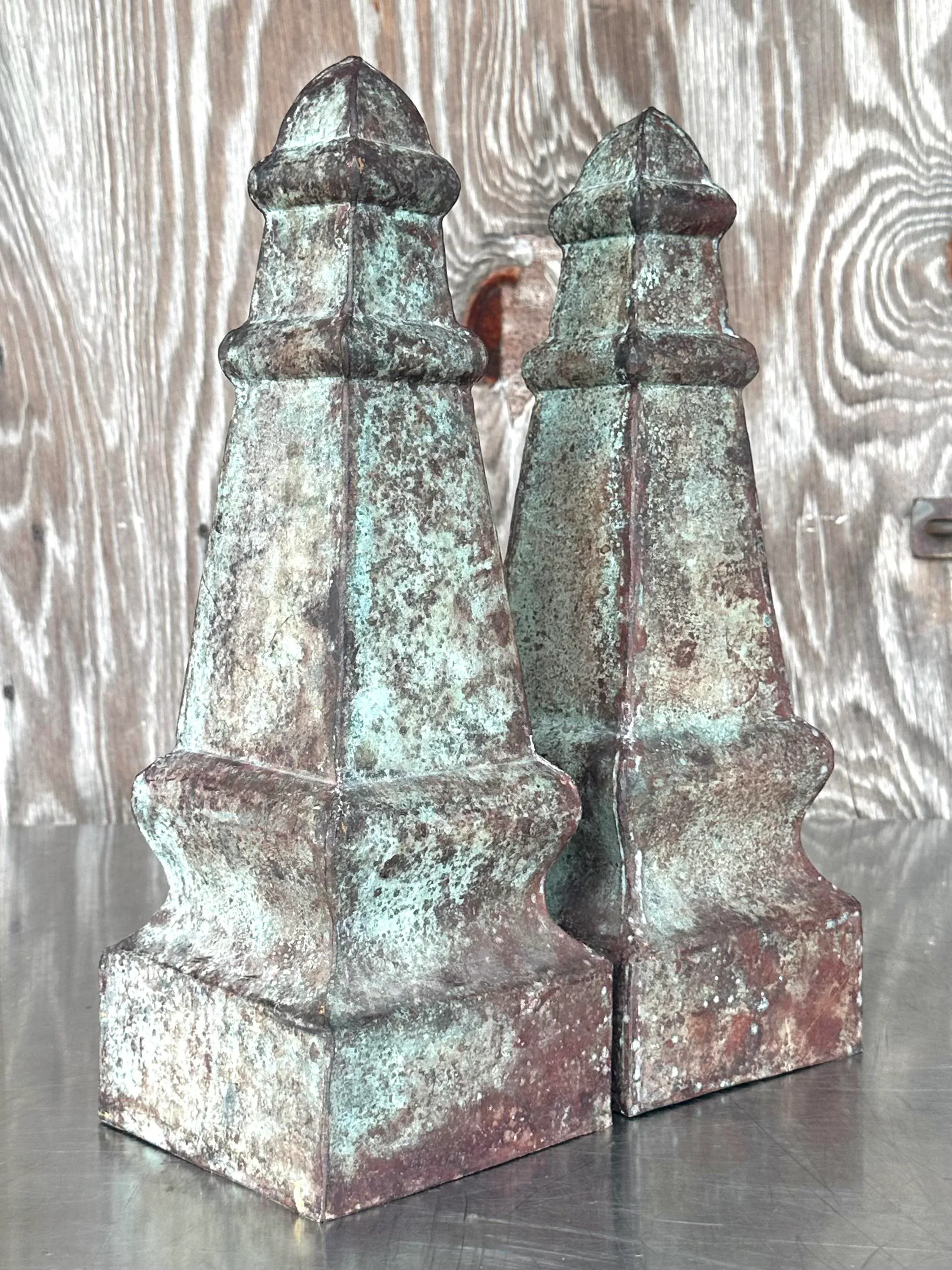 Vintage Regency Patinated Metal Obelisks - a Pair - Side view