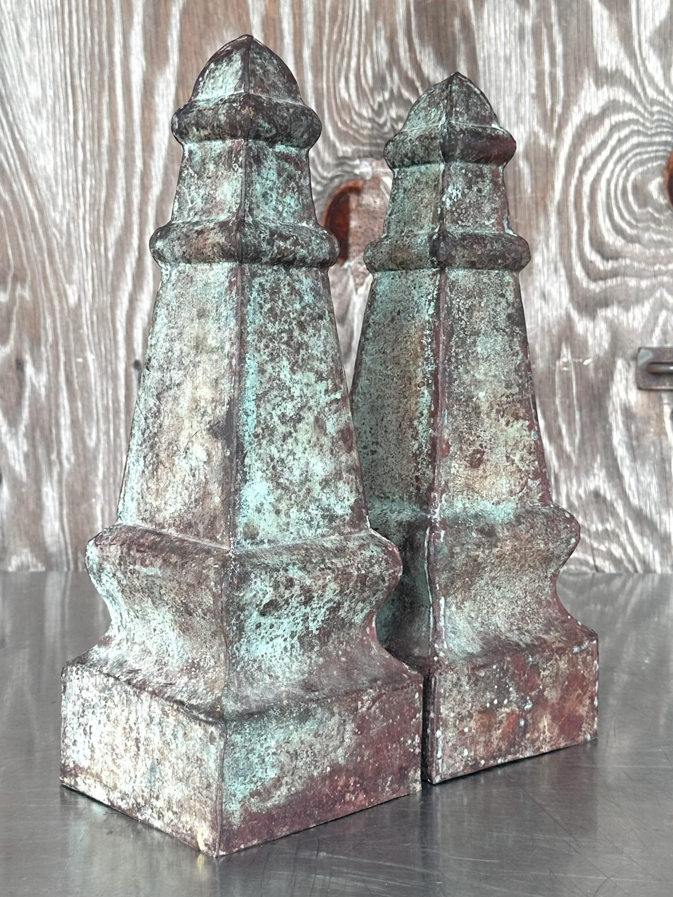Vintage Regency Patinated Metal Obelisks - a Pair - Top view
