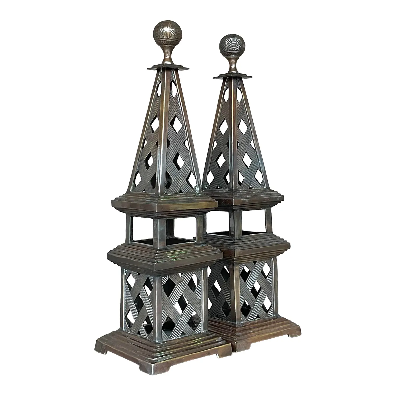 Vintage Regency Patinated Metal Obelisks - a Pair