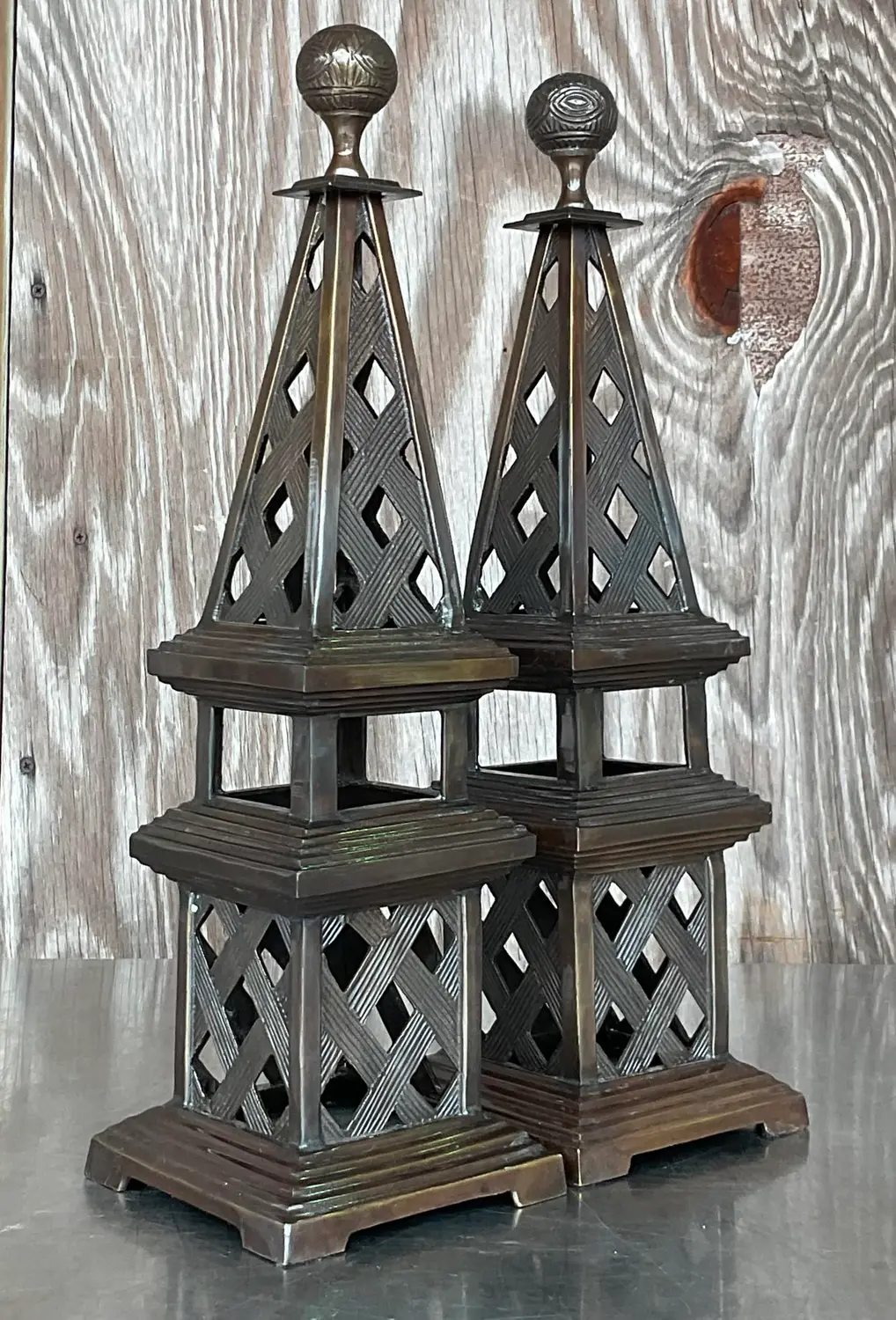 Vintage Regency Patinated Metal Obelisks - a Pair - Back view
