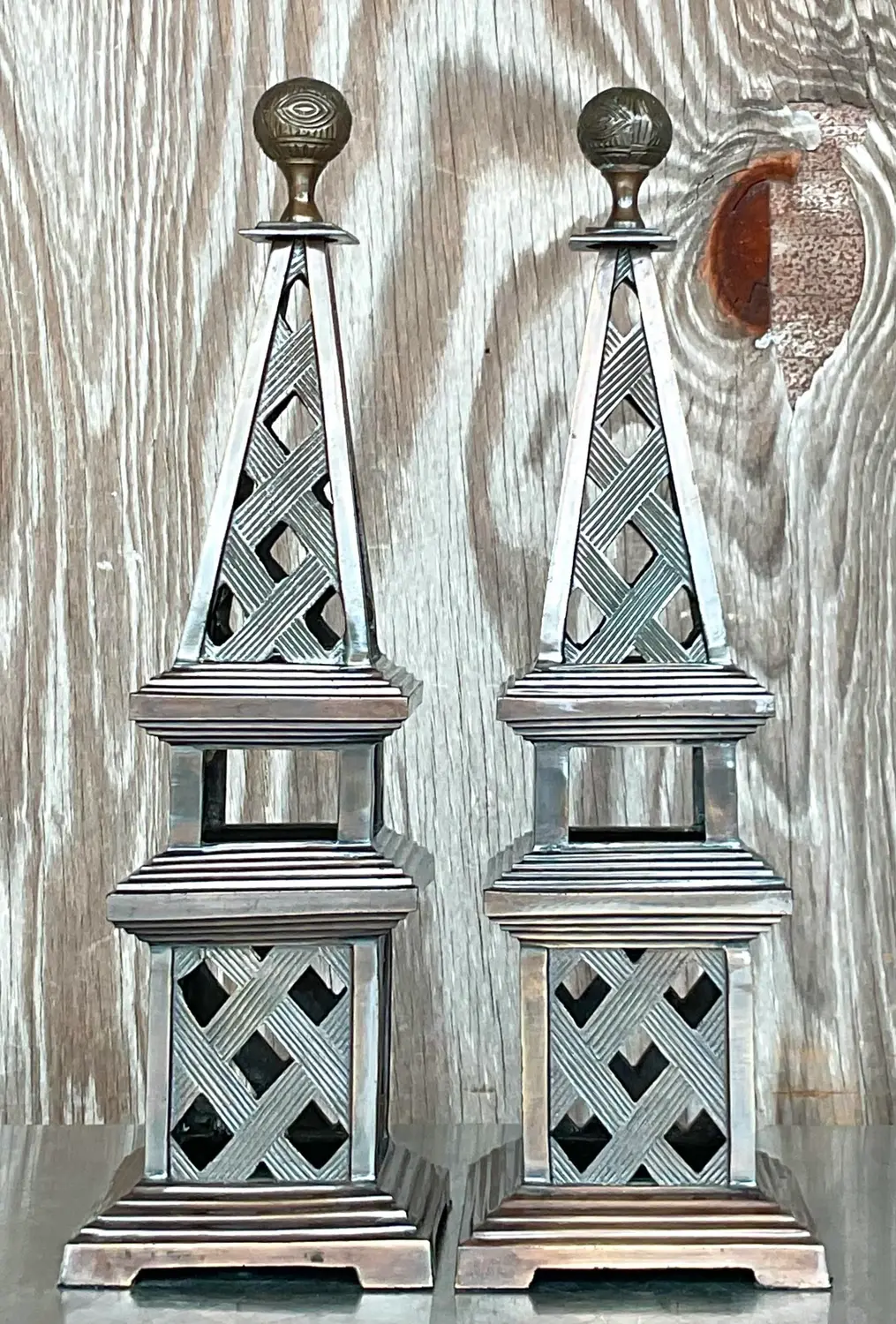 Vintage Regency Patinated Metal Obelisks - a Pair - Top view