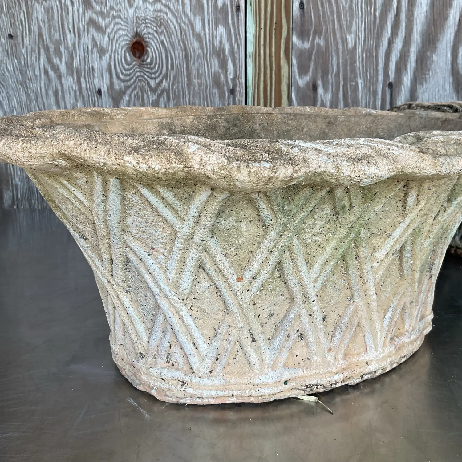 Vintage Regency Patinated Trellis Terra Cotta Planters - a Pair - Detail view