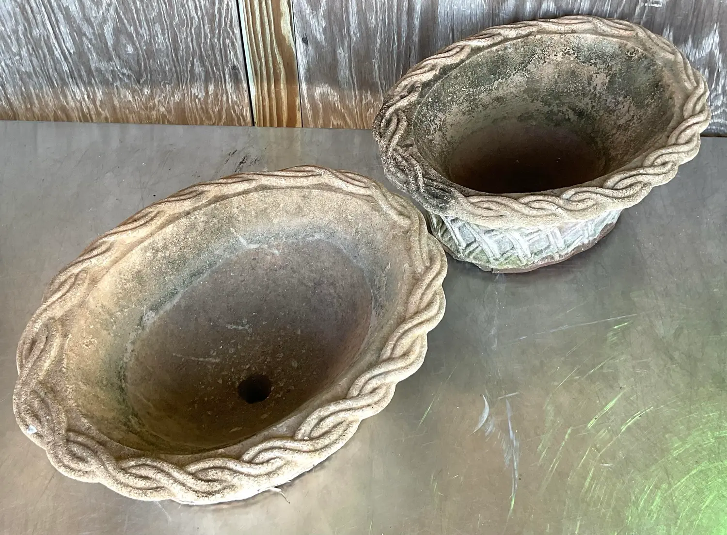 Vintage Regency Patinated Trellis Terra Cotta Planters - a Pair - Back view