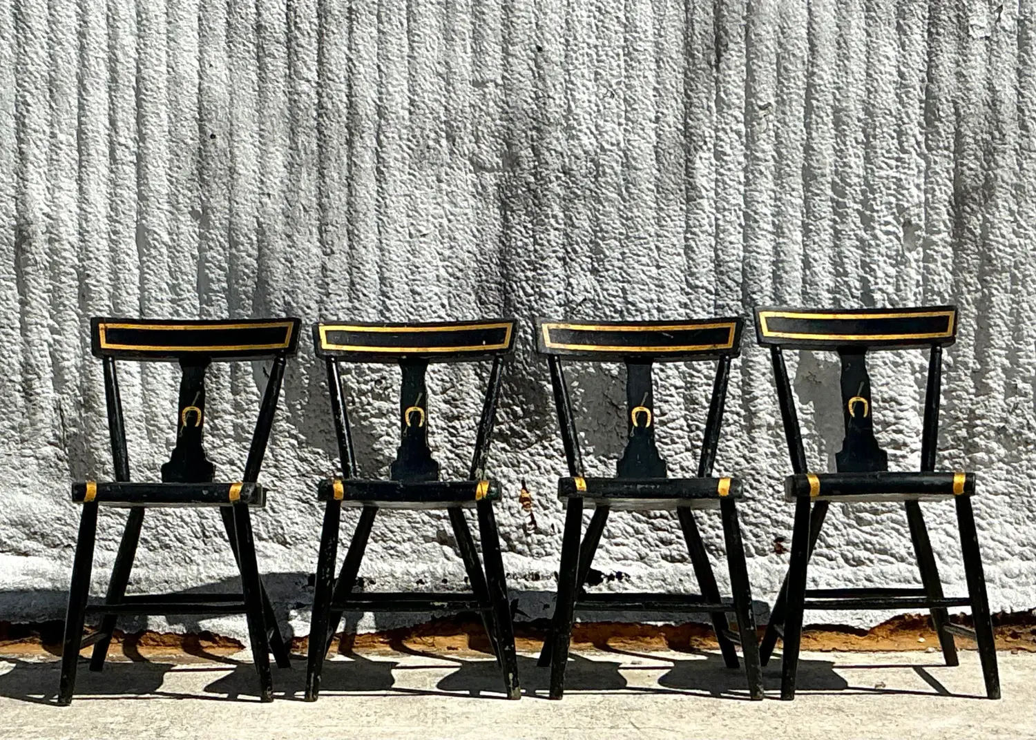 Vintage Regency Plank Seat Horseshoe Chairs - Set of 4 - Back view