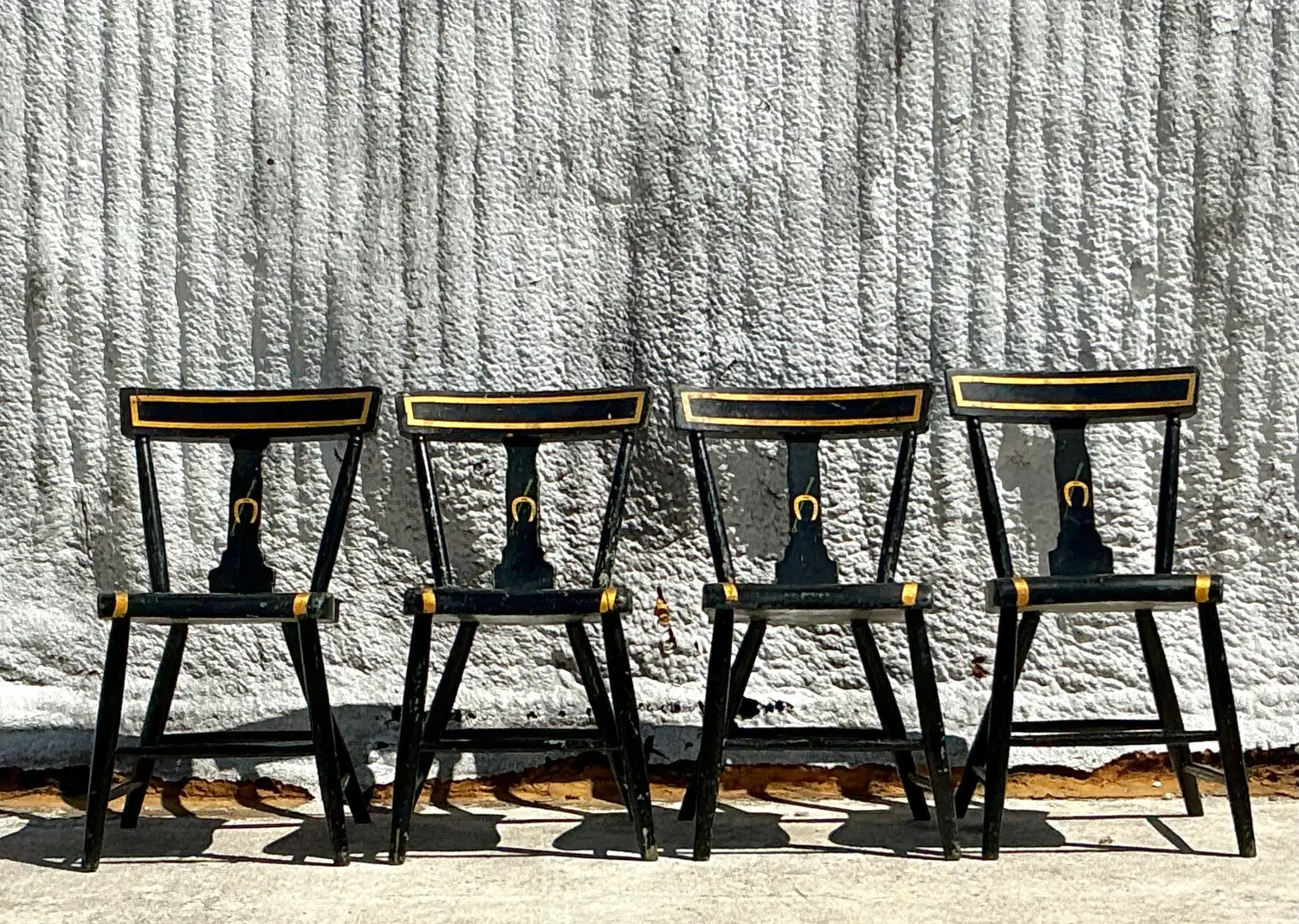 Vintage Regency Plank Seat Horseshoe Chairs - Set of 4 - Side view