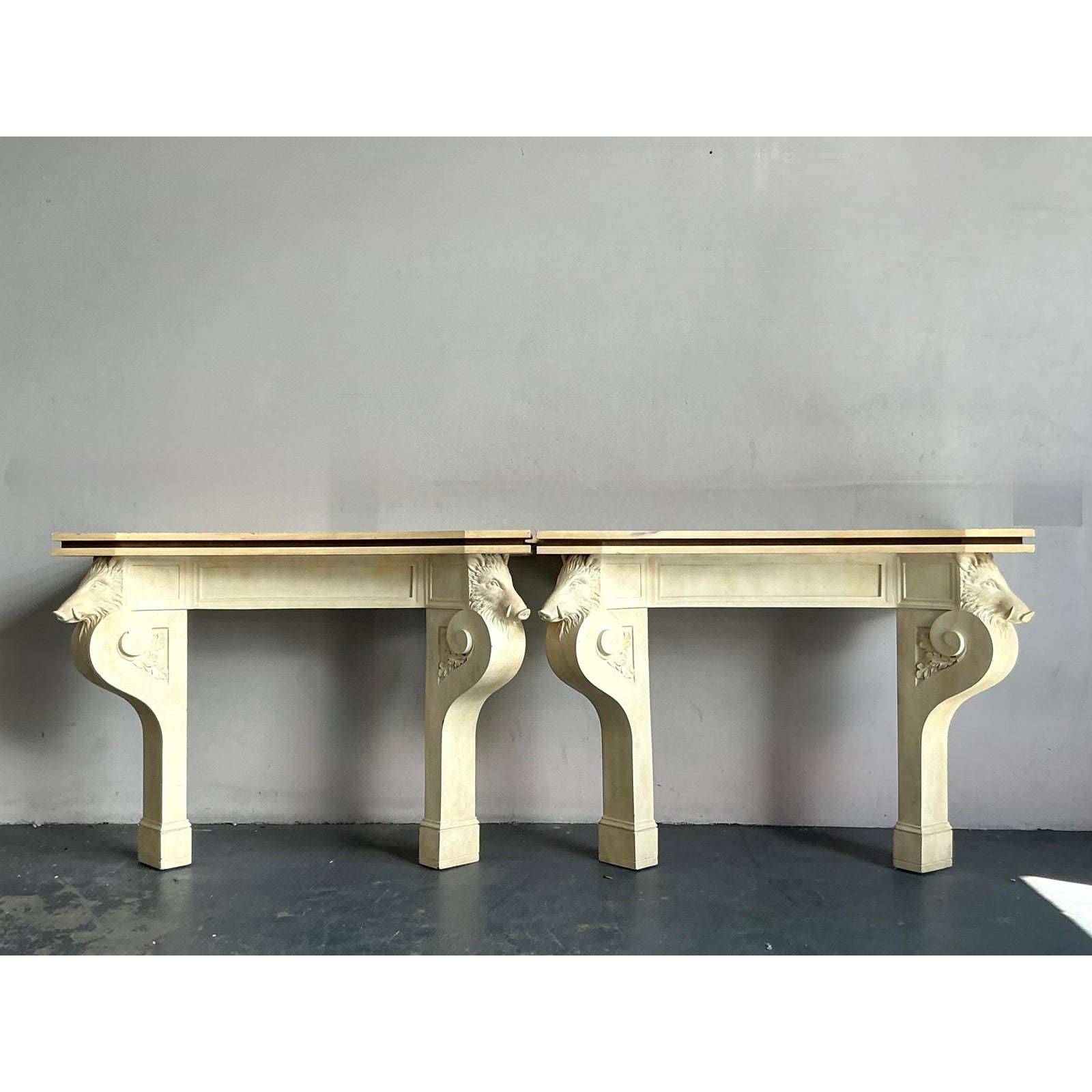 Vintage Regency Plaster Over Wood Boar Console Table - A Pair - Side view