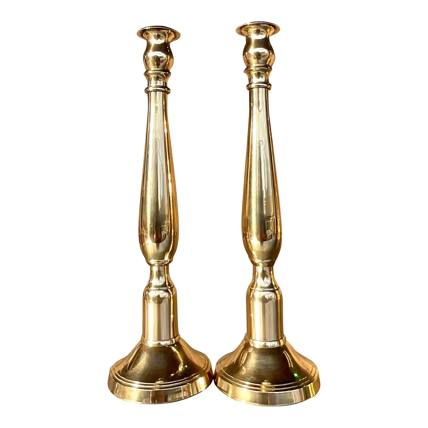 Vintage Regency Polished Brass Candlesticks - a Pair
