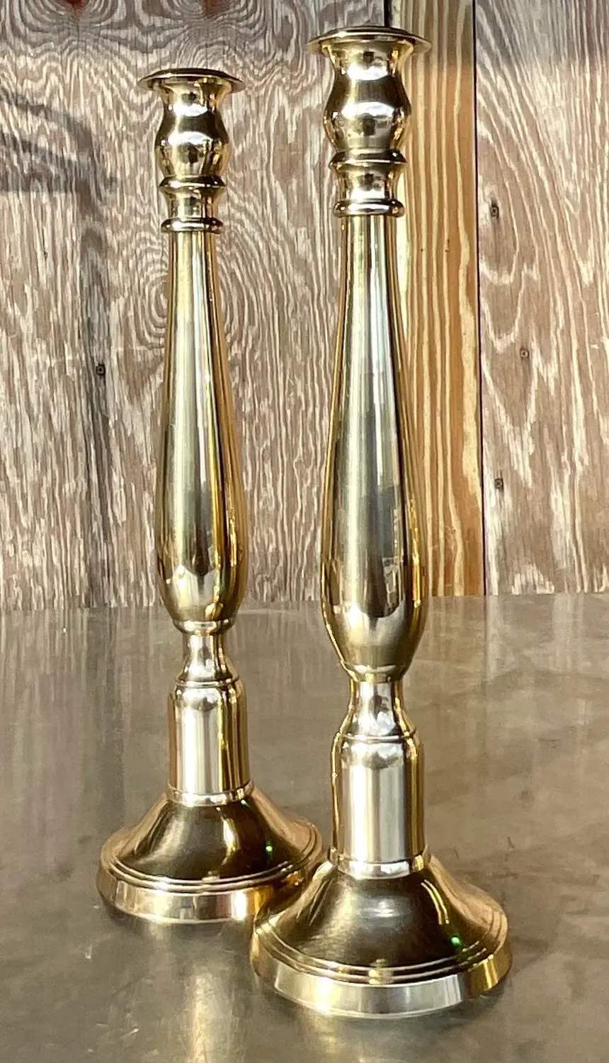 Vintage Regency Polished Brass Candlesticks - a Pair - Side view