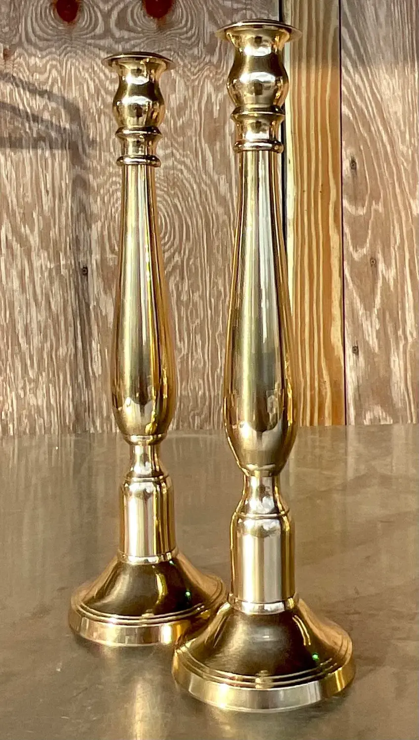 Vintage Regency Polished Brass Candlesticks - a Pair - Detail view