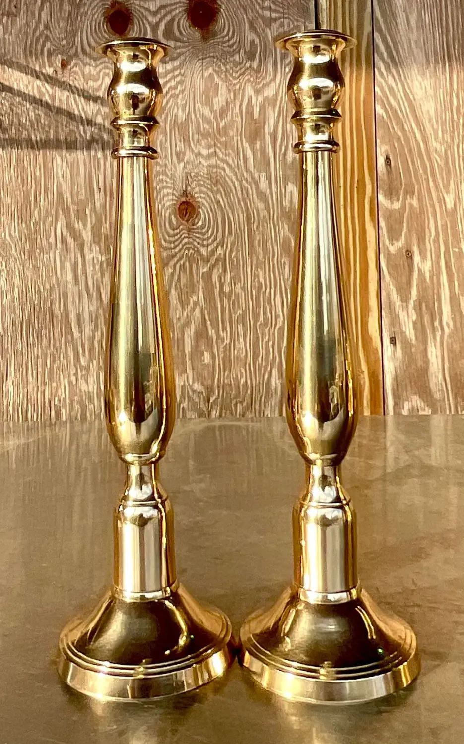 Vintage Regency Polished Brass Candlesticks - a Pair - Back view