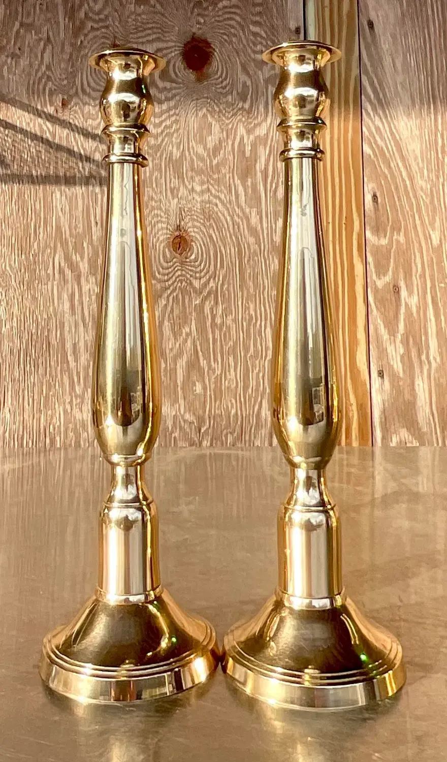 Vintage Regency Polished Brass Candlesticks - a Pair - Top view