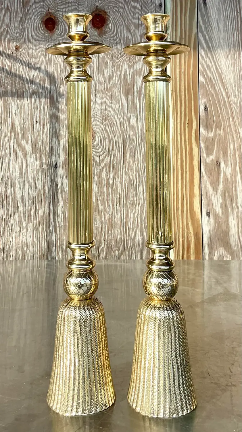 Vintage Regency Polished Brass Tassel Candlesticks - a Pair - Side view