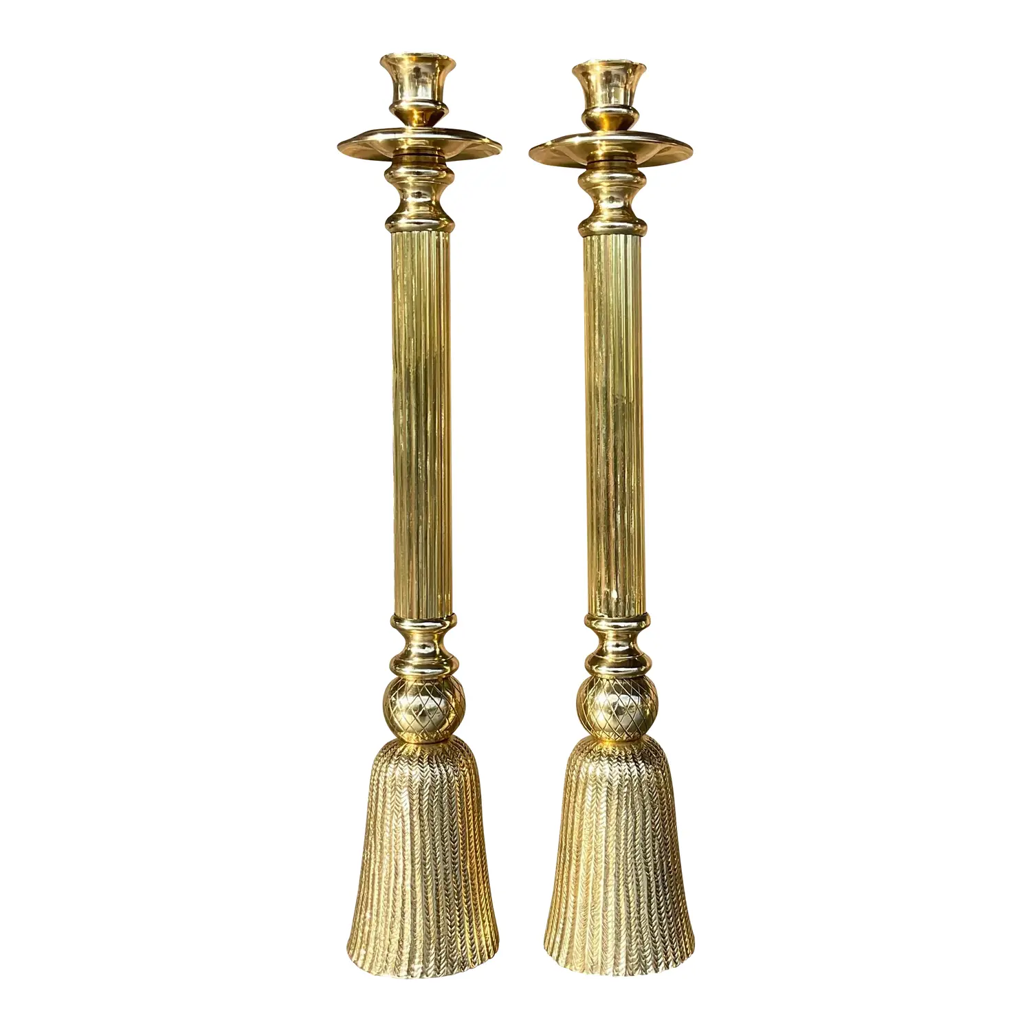 Vintage Regency Polished Brass Tassel Candlesticks - a Pair