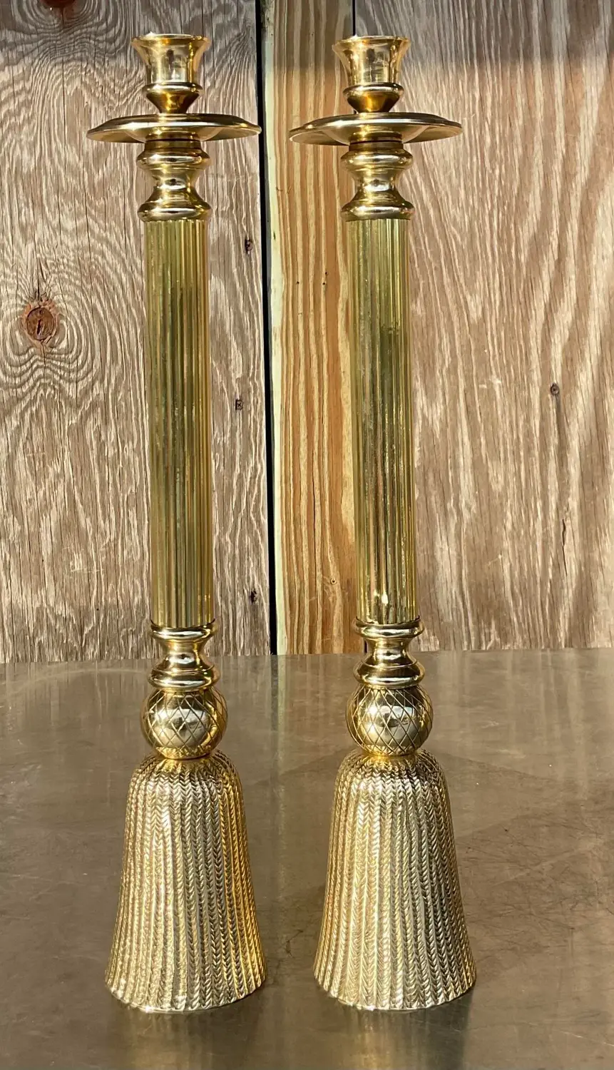 Vintage Regency Polished Brass Tassel Candlesticks - a Pair - Detail view