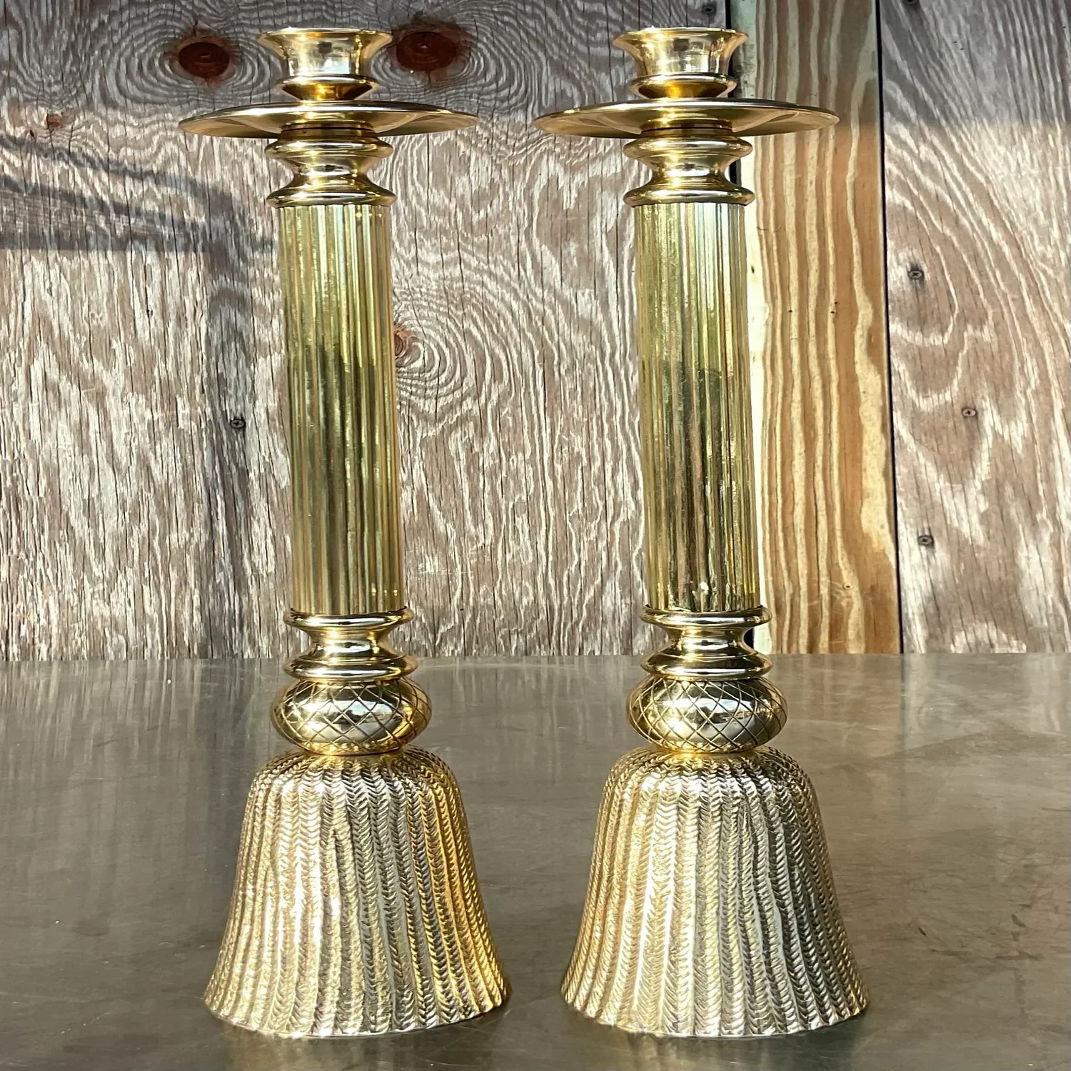 Vintage Regency Polished Brass Tassel Candlesticks - a Pair - Top view