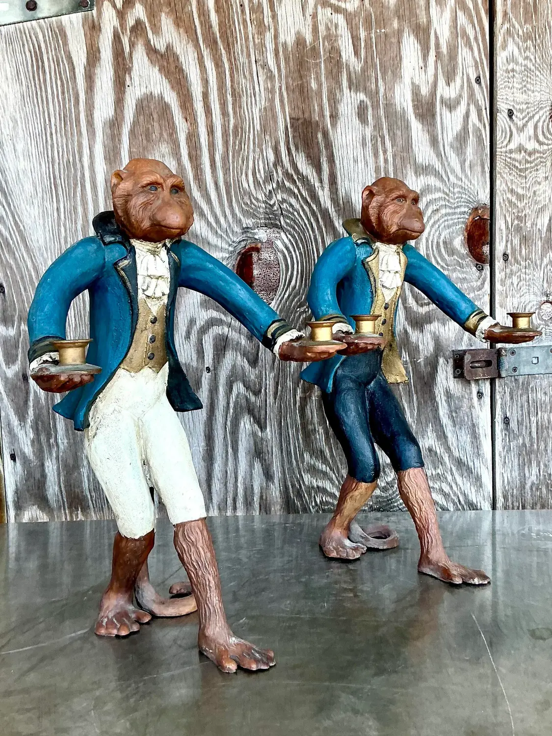 Vintage Regency Polychrome Monkey Candlesticks After Hubbe - Set of 2 - Side view