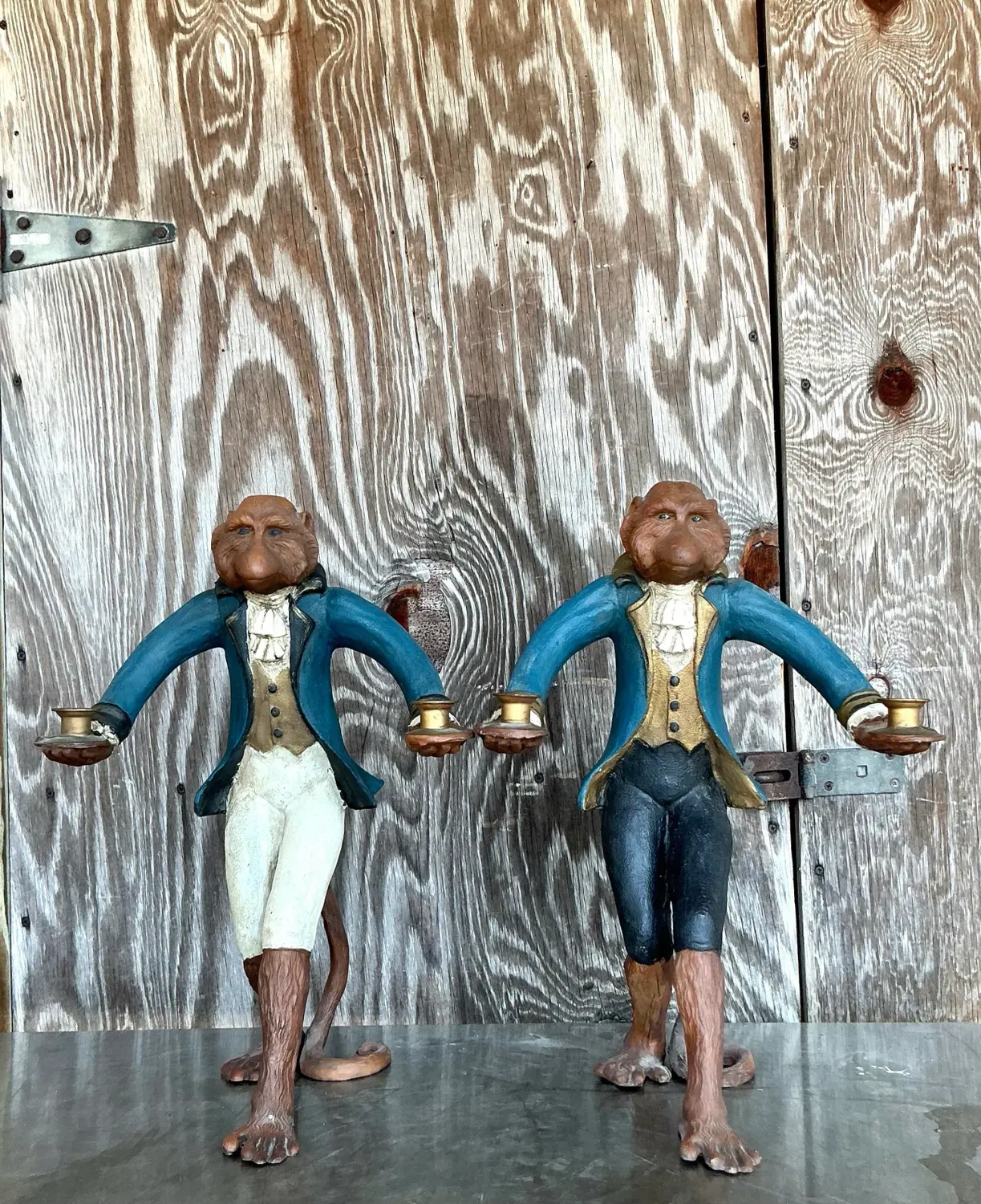 Vintage Regency Polychrome Monkey Candlesticks After Hubbe - Set of 2 - Top view