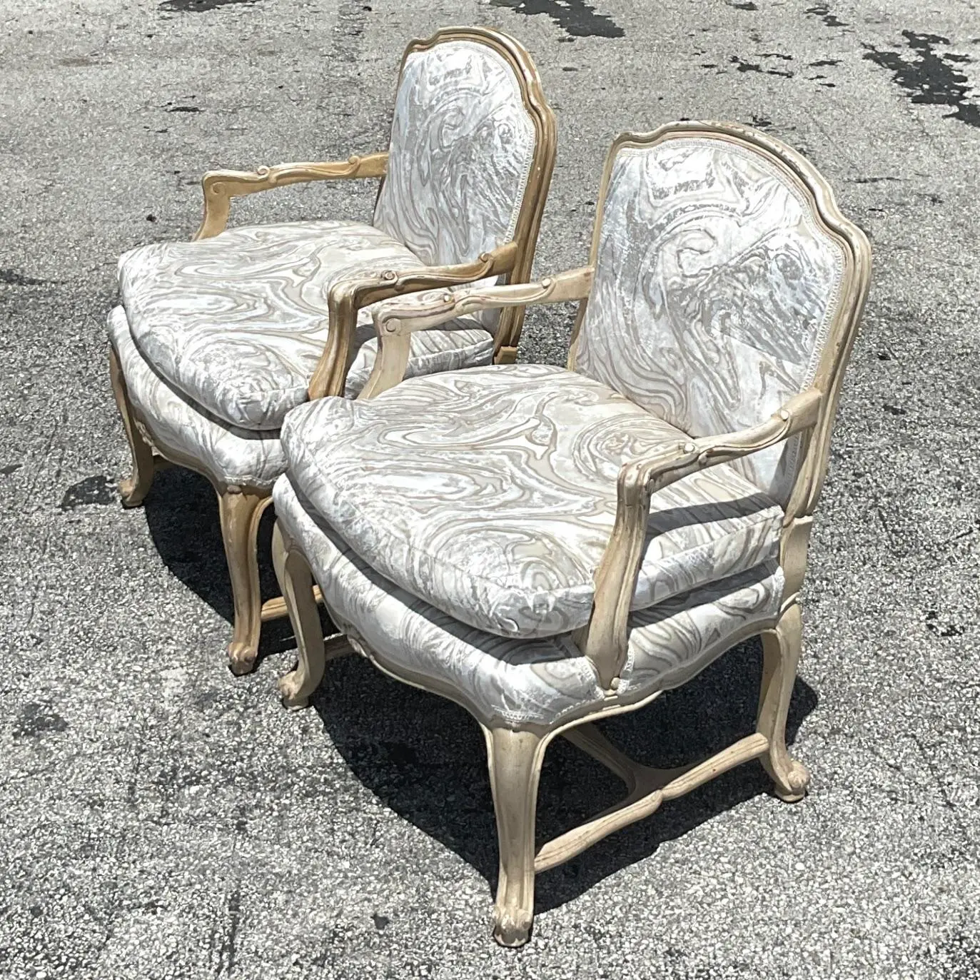 Vintage Regency Printed Swirl Bergere Chairs - a Pair - Side view