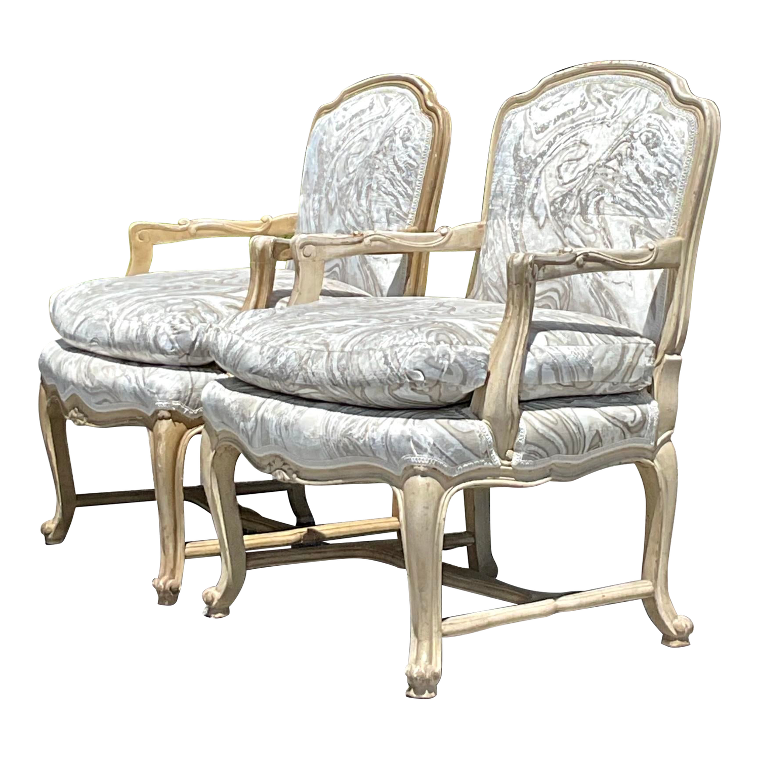 Vintage Regency Printed Swirl Bergere Chairs - a Pair - Detail view