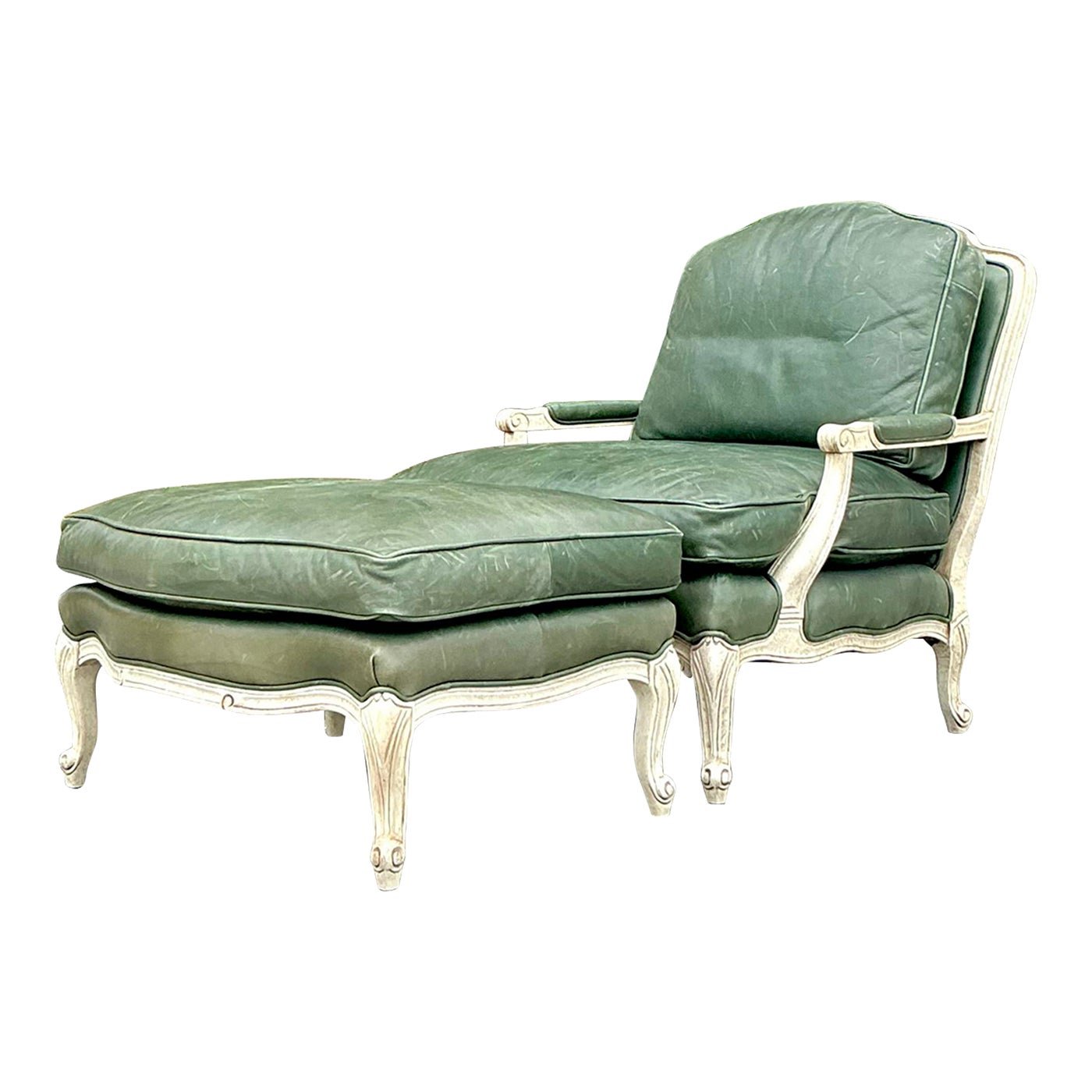 Vintage Regency Provincial Green Leather Lounge Chair and Ottoman