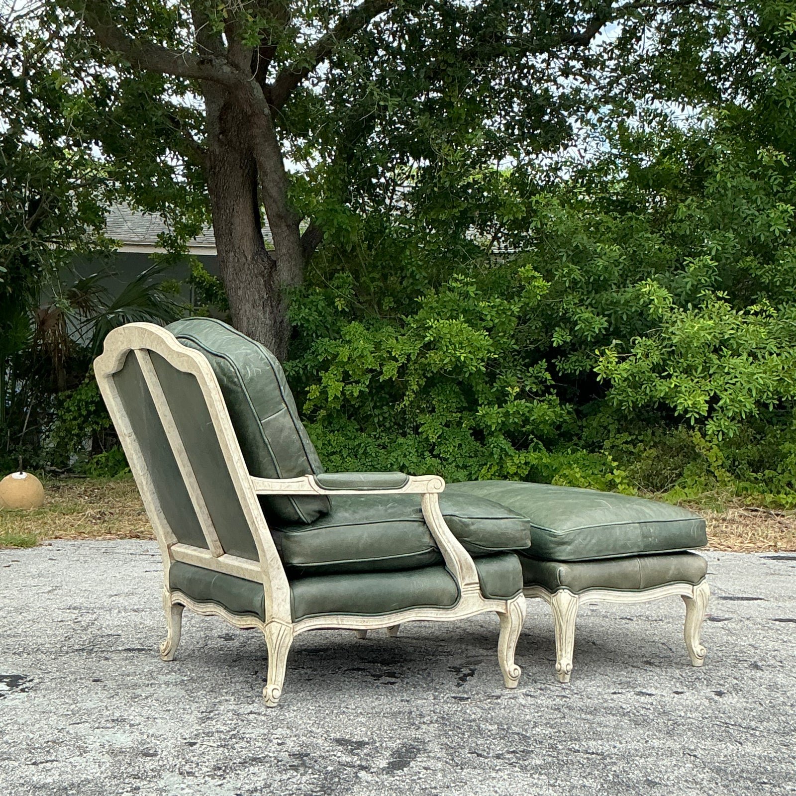 Vintage Regency Provincial Green Leather Lounge Chair and Ottoman - Side view