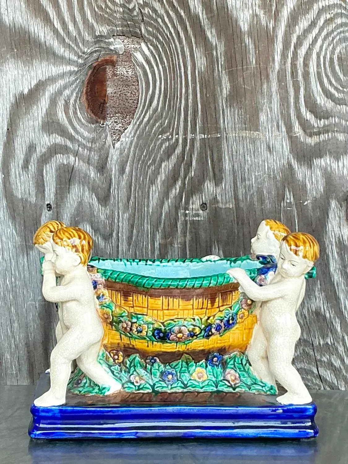 Vintage Regency Putti Cherub Majolica Centerpiece - Side view