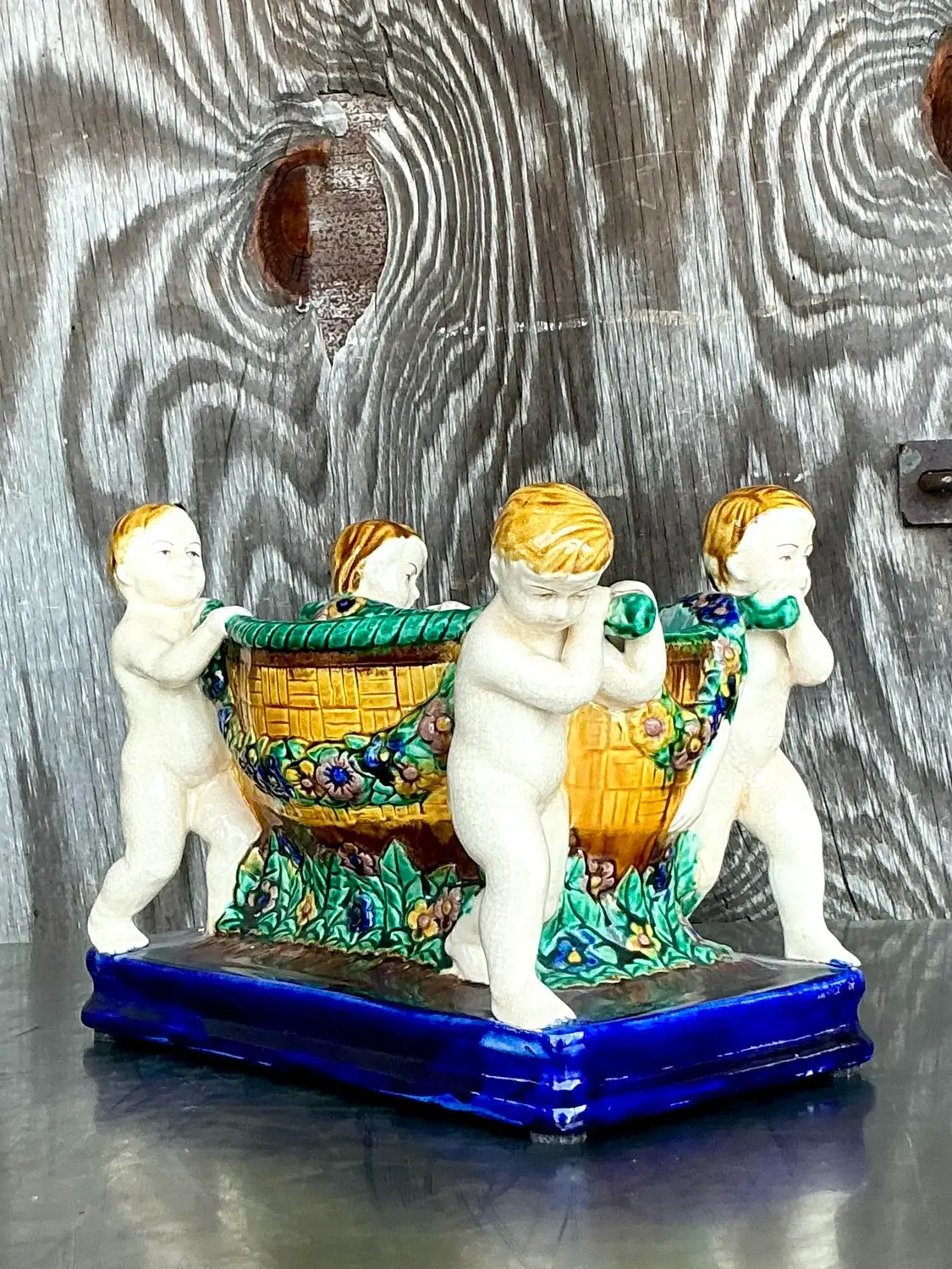 Vintage Regency Putti Cherub Majolica Centerpiece - Back view