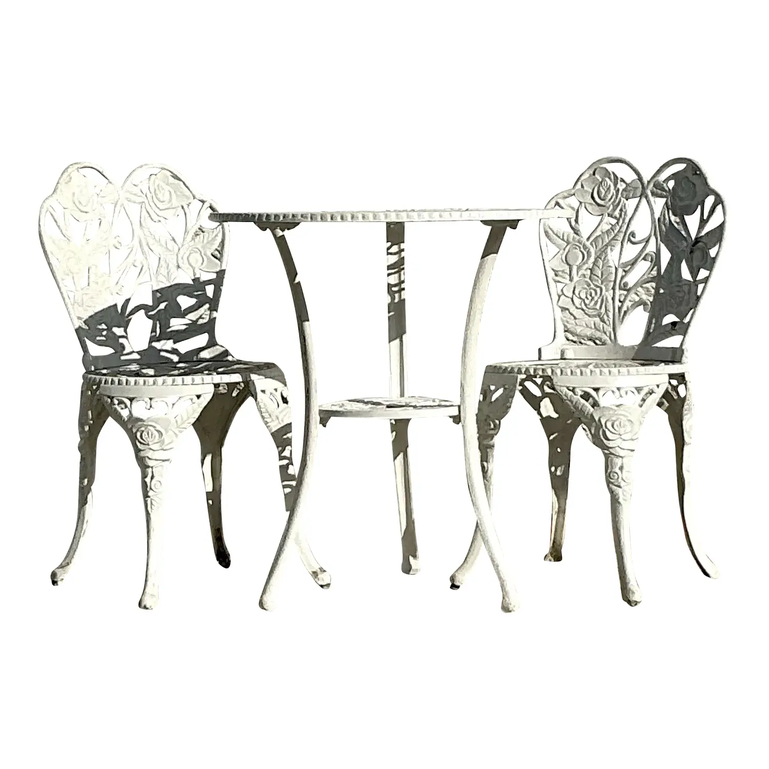 Vintage Regency Rose Garden Wrought Iron Table and Two Chairs - Set of 3