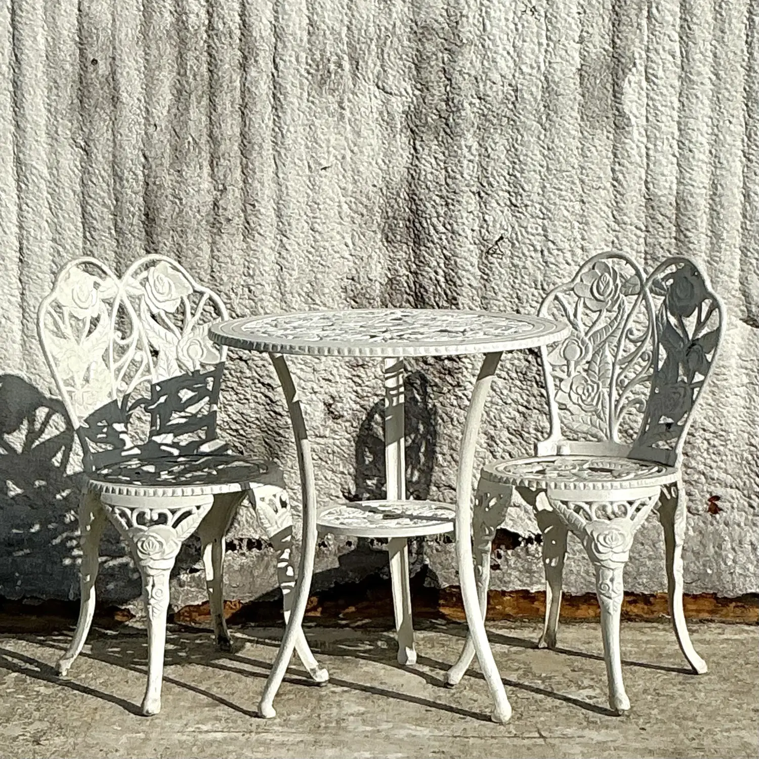 Vintage Regency Rose Garden Wrought Iron Table and Two Chairs - Set of 3 - Back view