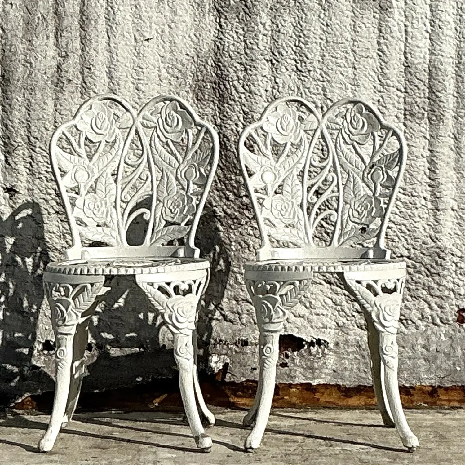 Vintage Regency Rose Garden Wrought Iron Table and Two Chairs - Set of 3 - Top view