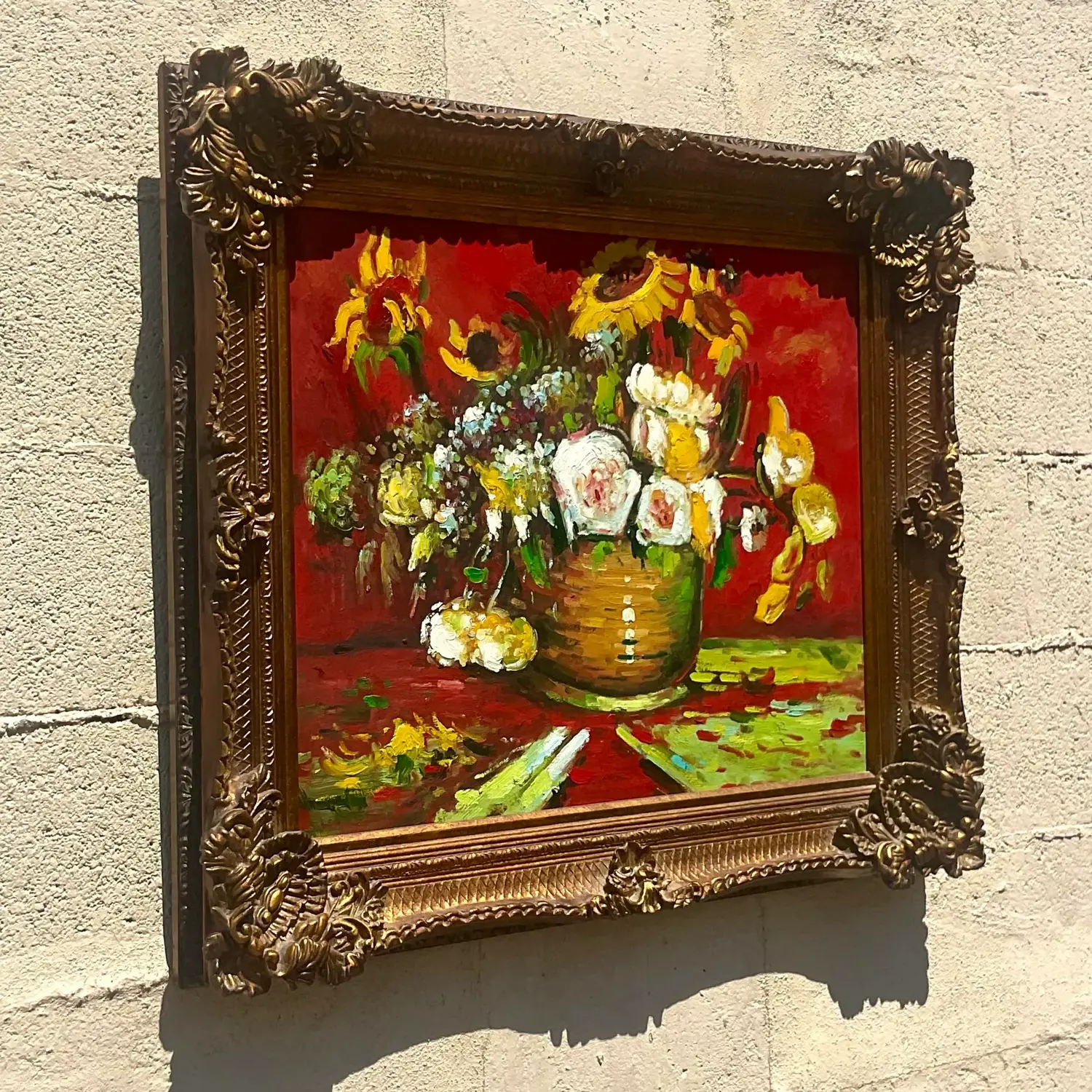 Vintage Regency Signed Floral Original Oil Painting on Canvas - Side view