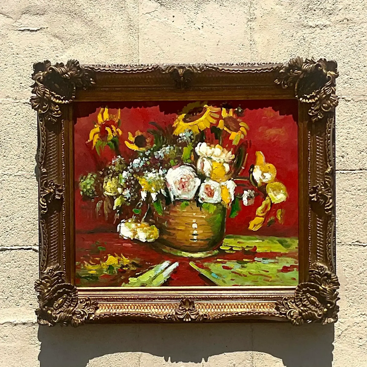 Vintage Regency Signed Floral Original Oil Painting on Canvas - Top view