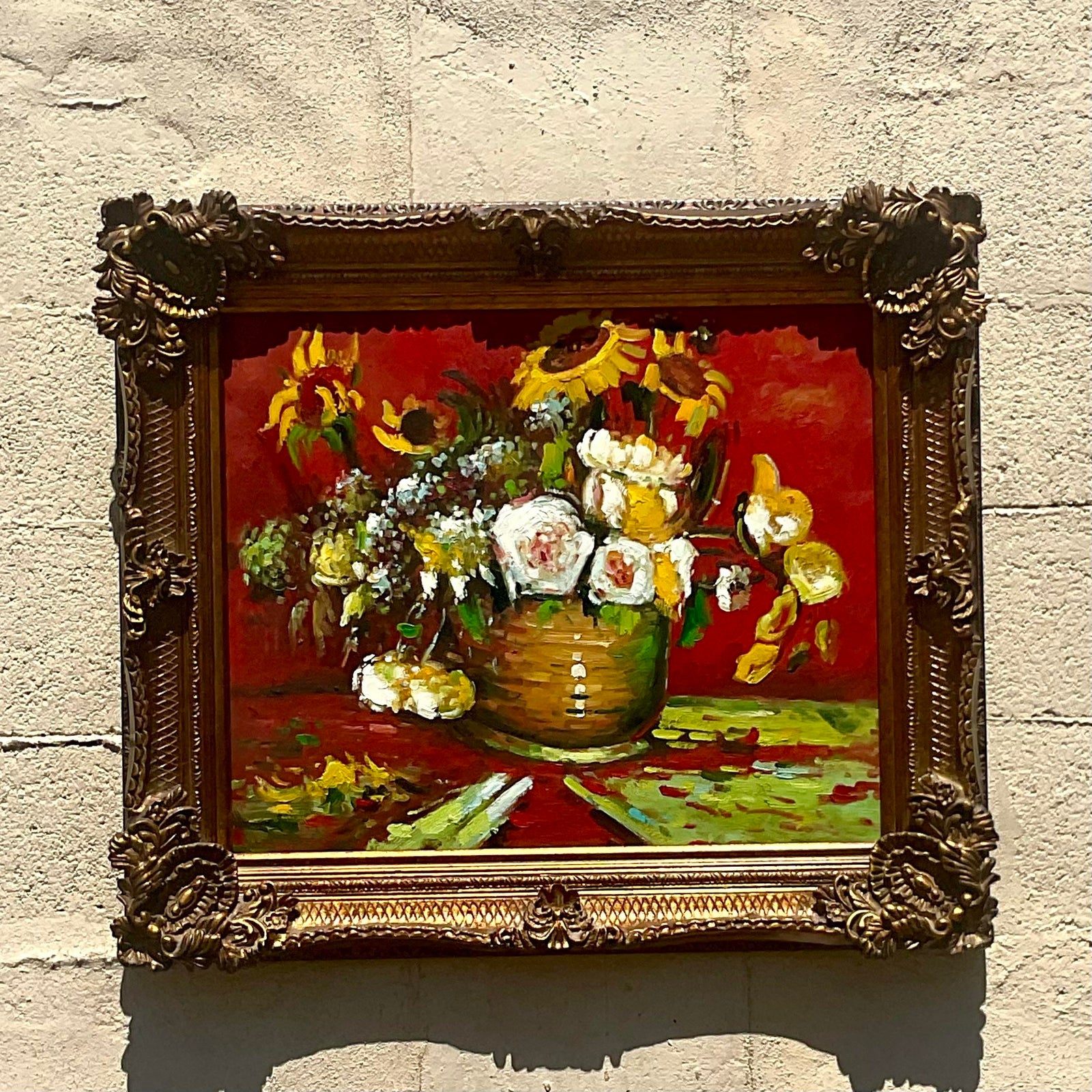 Vintage Regency Signed Floral Original Oil Painting on Canvas - Detail view